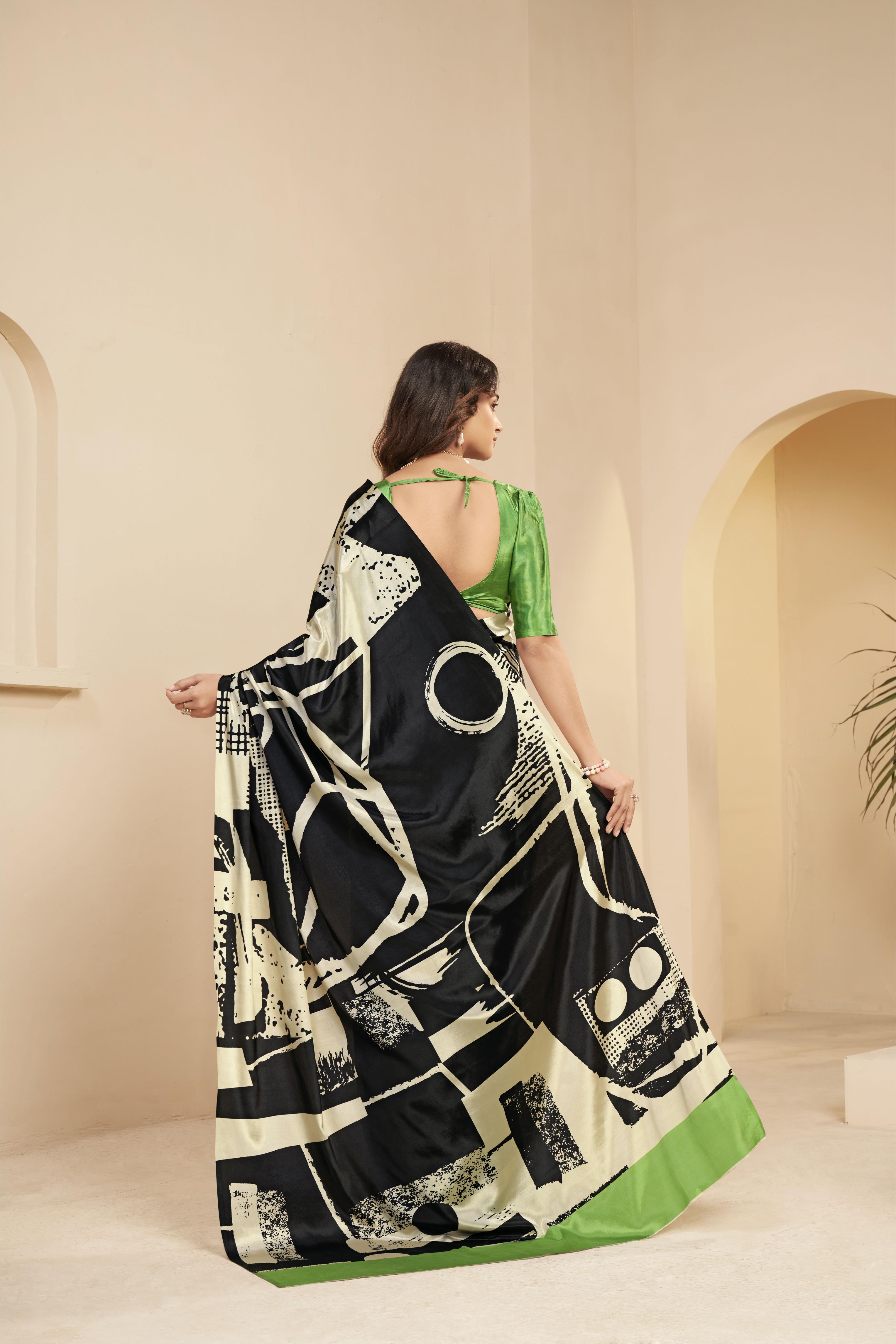 Black N Green Floral Printed Malai Crepe Silk Saree — alternate view