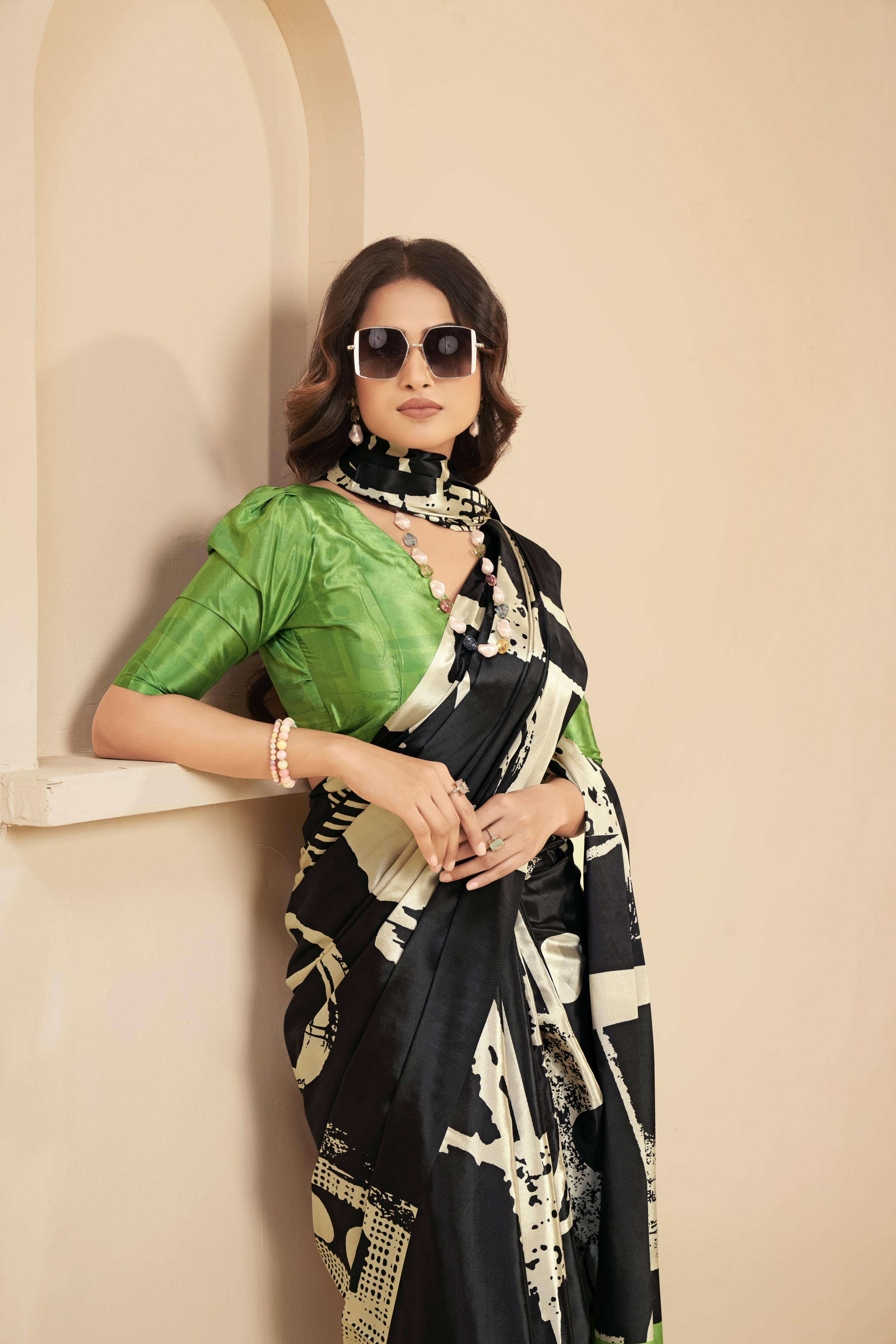 Black N Green Floral Printed Malai Crepe Silk Saree