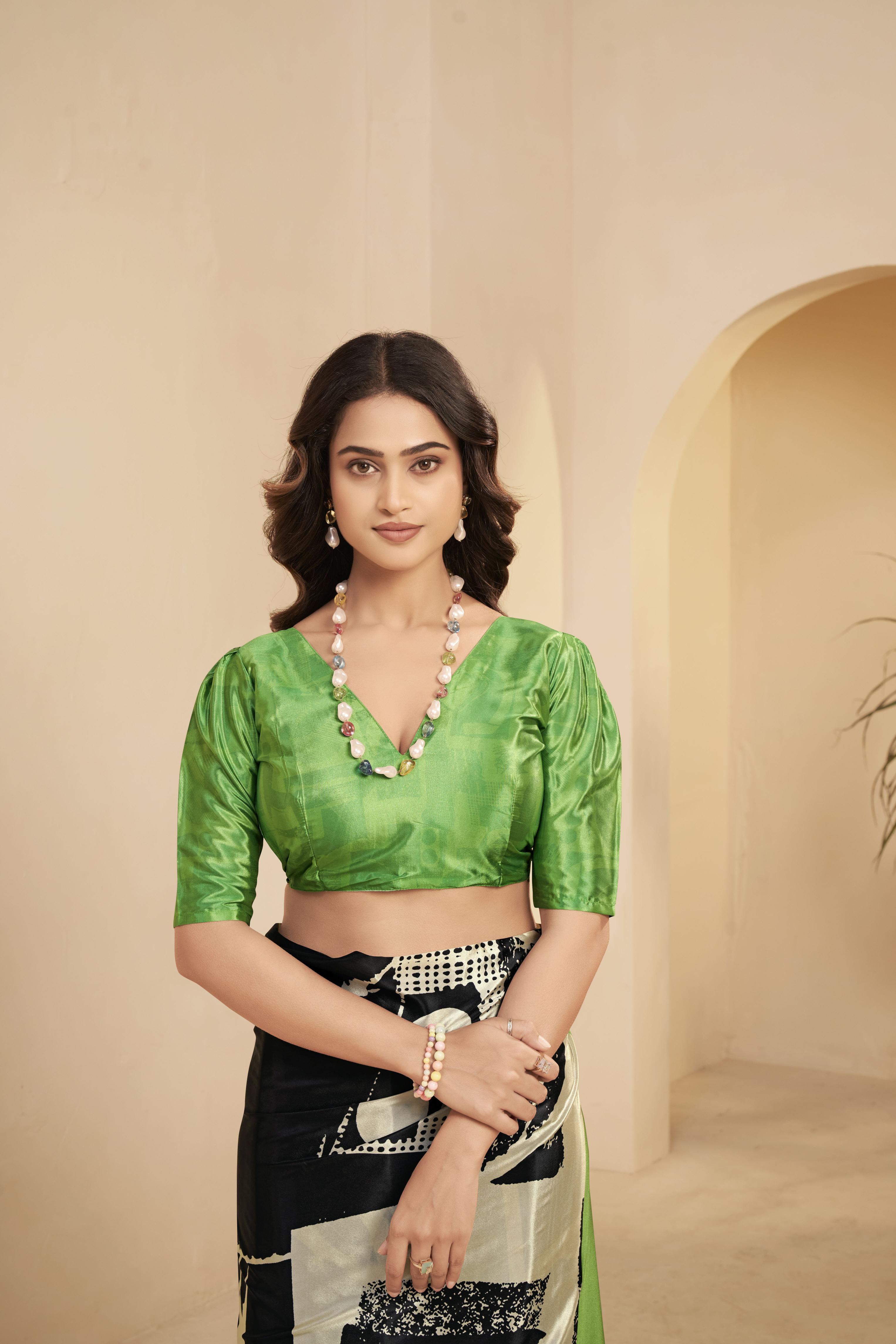 Black N Green Floral Printed Malai Crepe Silk Saree