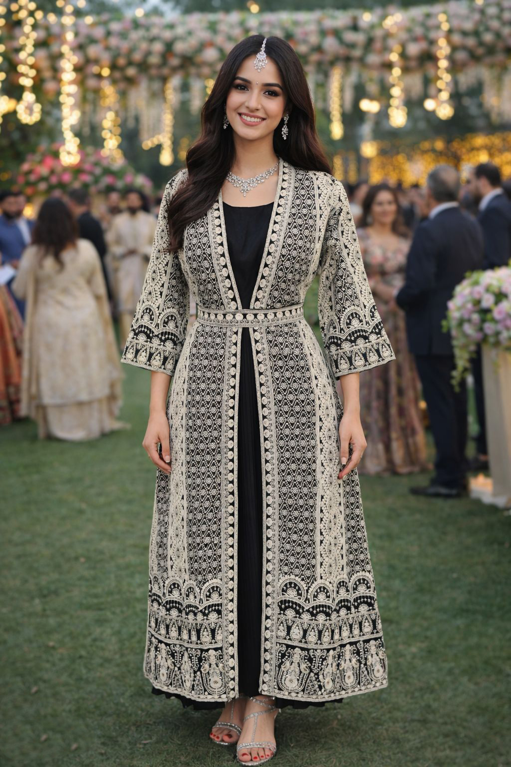 Black N Off-White Chinon Embroidered Gown