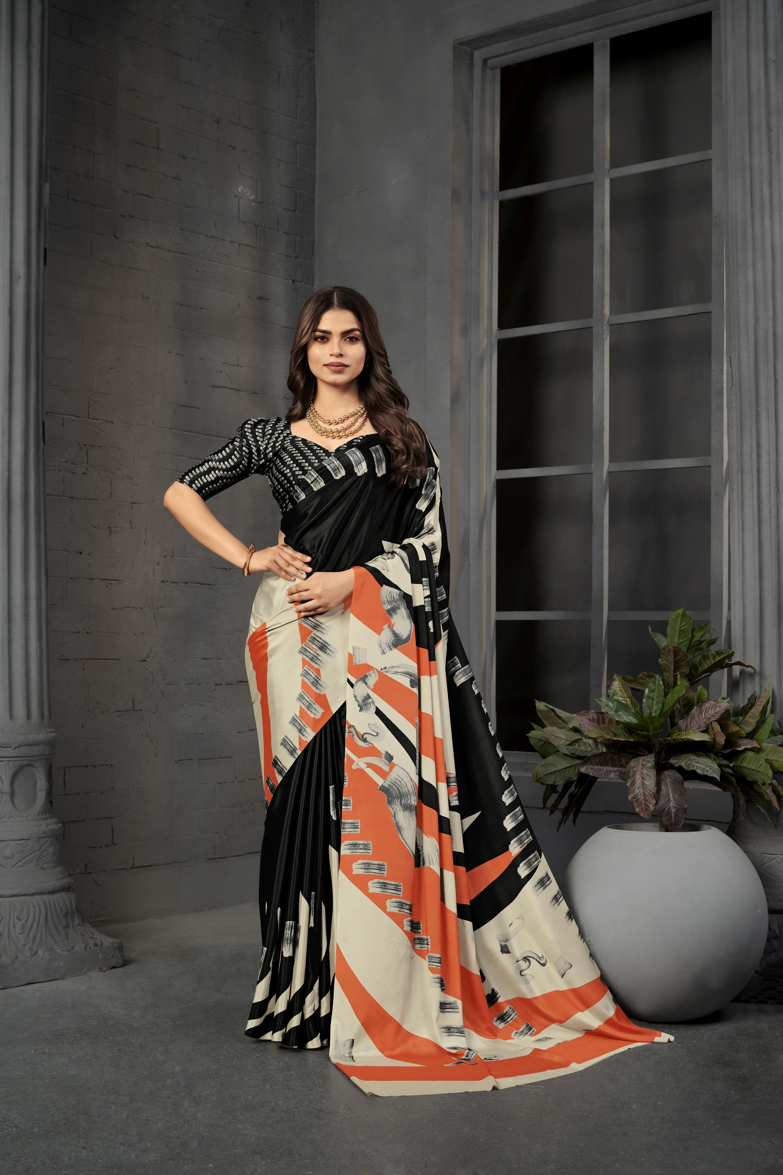 Black N Peach Malai Crepe Silk Saree