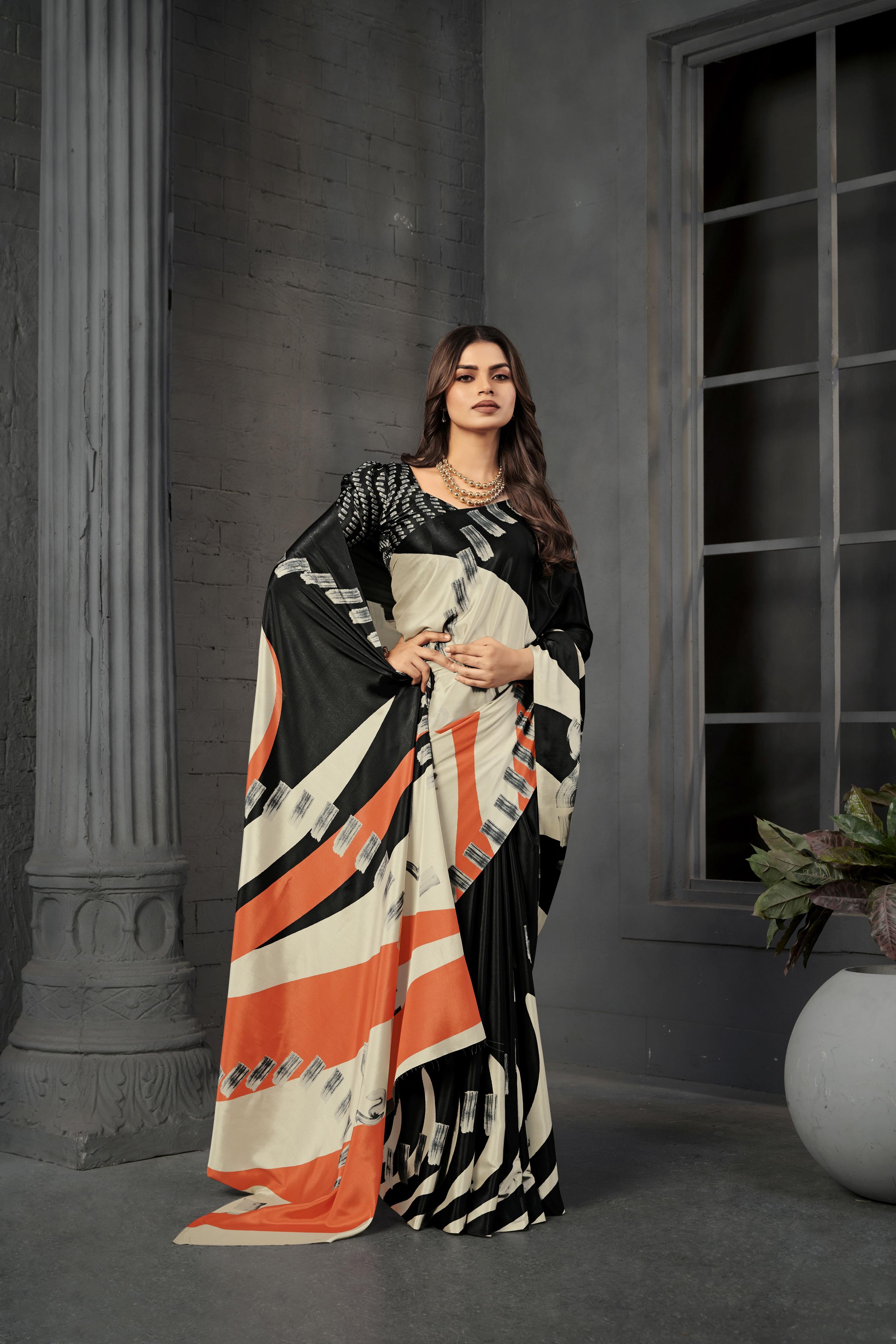 Black N Peach Malai Crepe Silk Saree