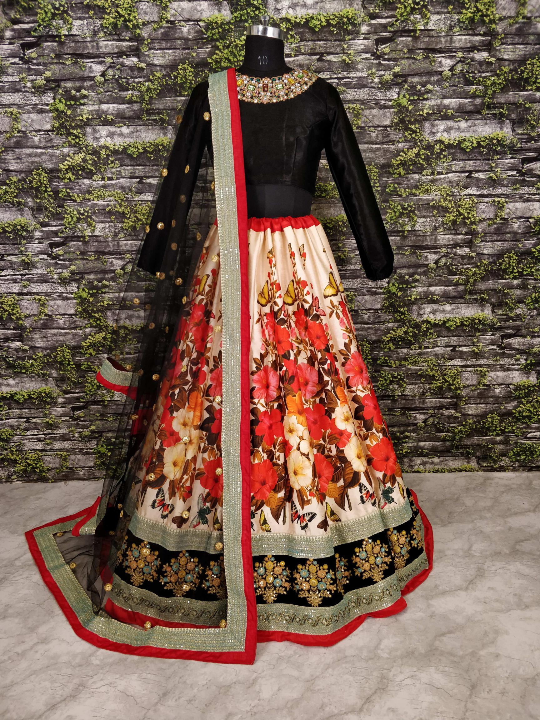 Black N Red Art Silk Printed Embroidered Lehenga Choli