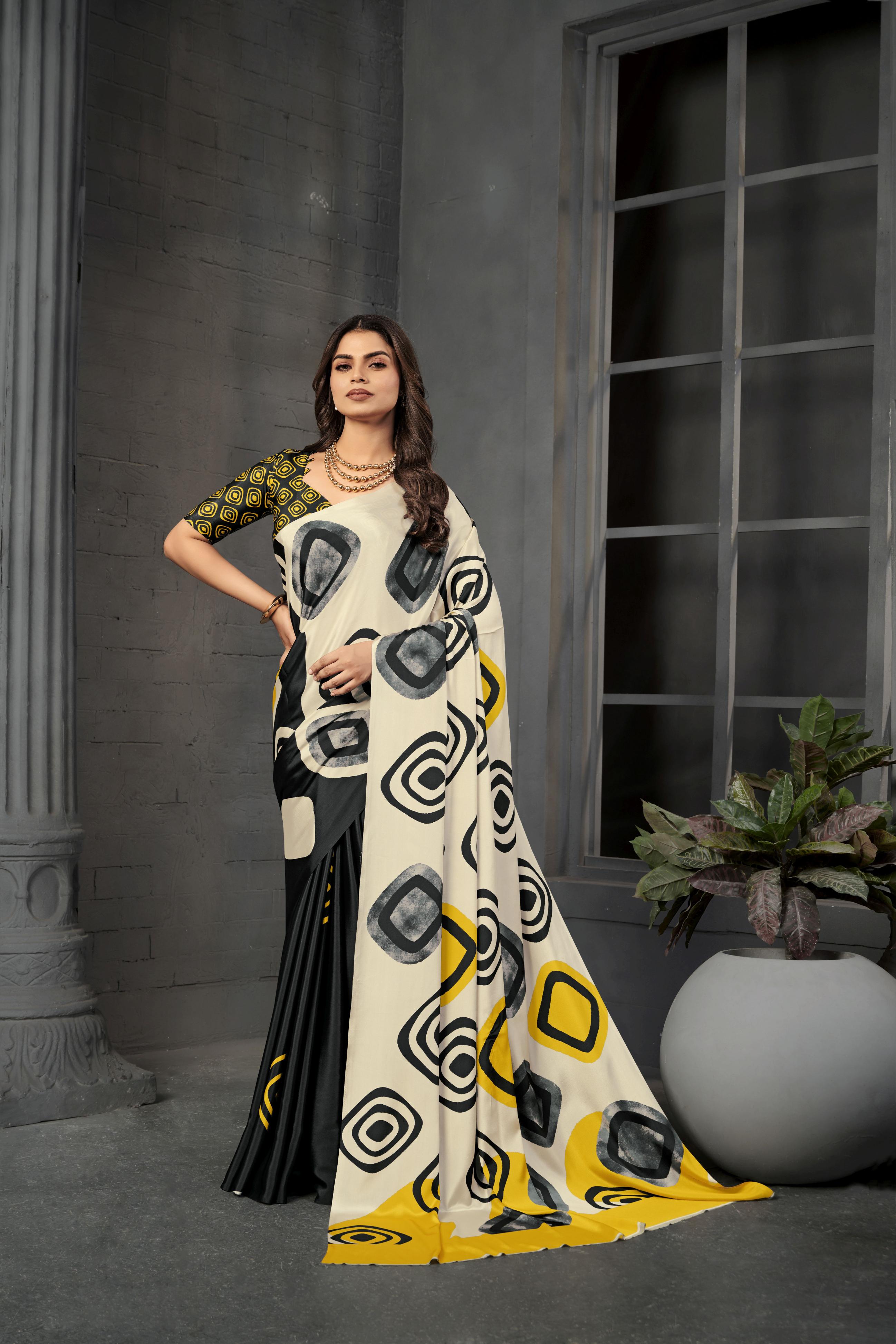 Black N Yellow Malai Crepe Silk Saree