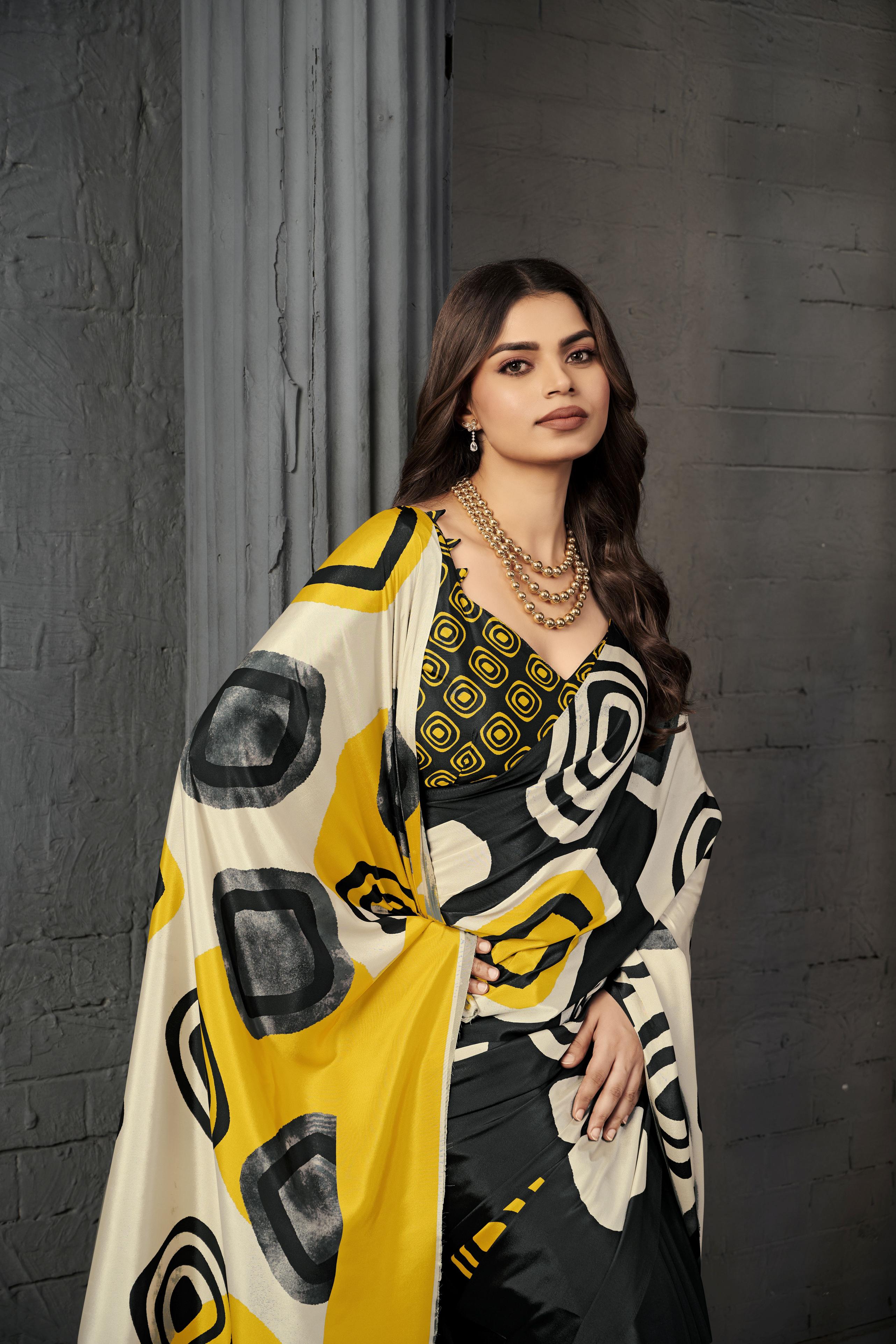 Black N Yellow Malai Crepe Silk Saree