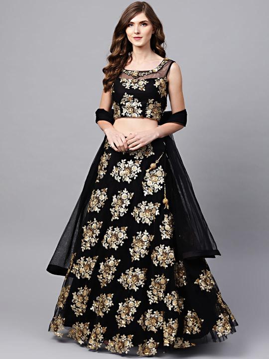 Black Net Zari N Sequins Embroidered Lehenga Choli