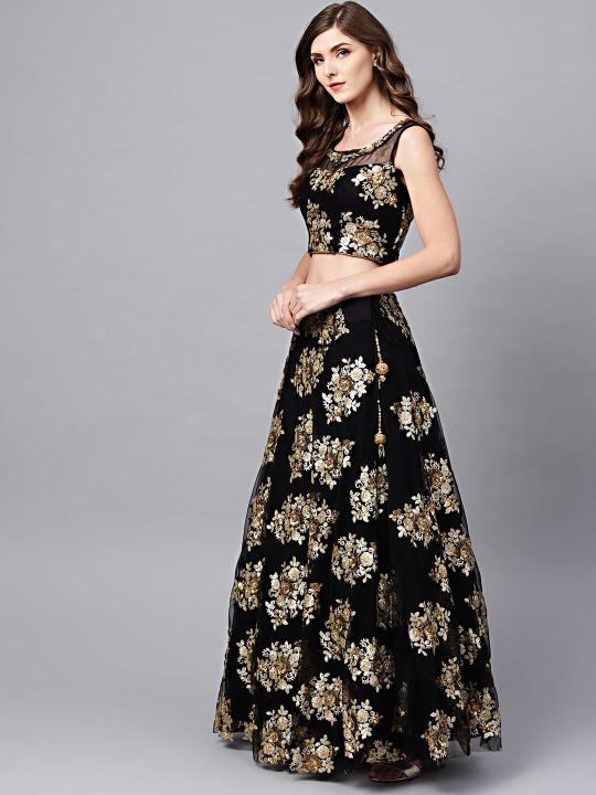 Black Net Zari N Sequins Embroidered Lehenga Choli
