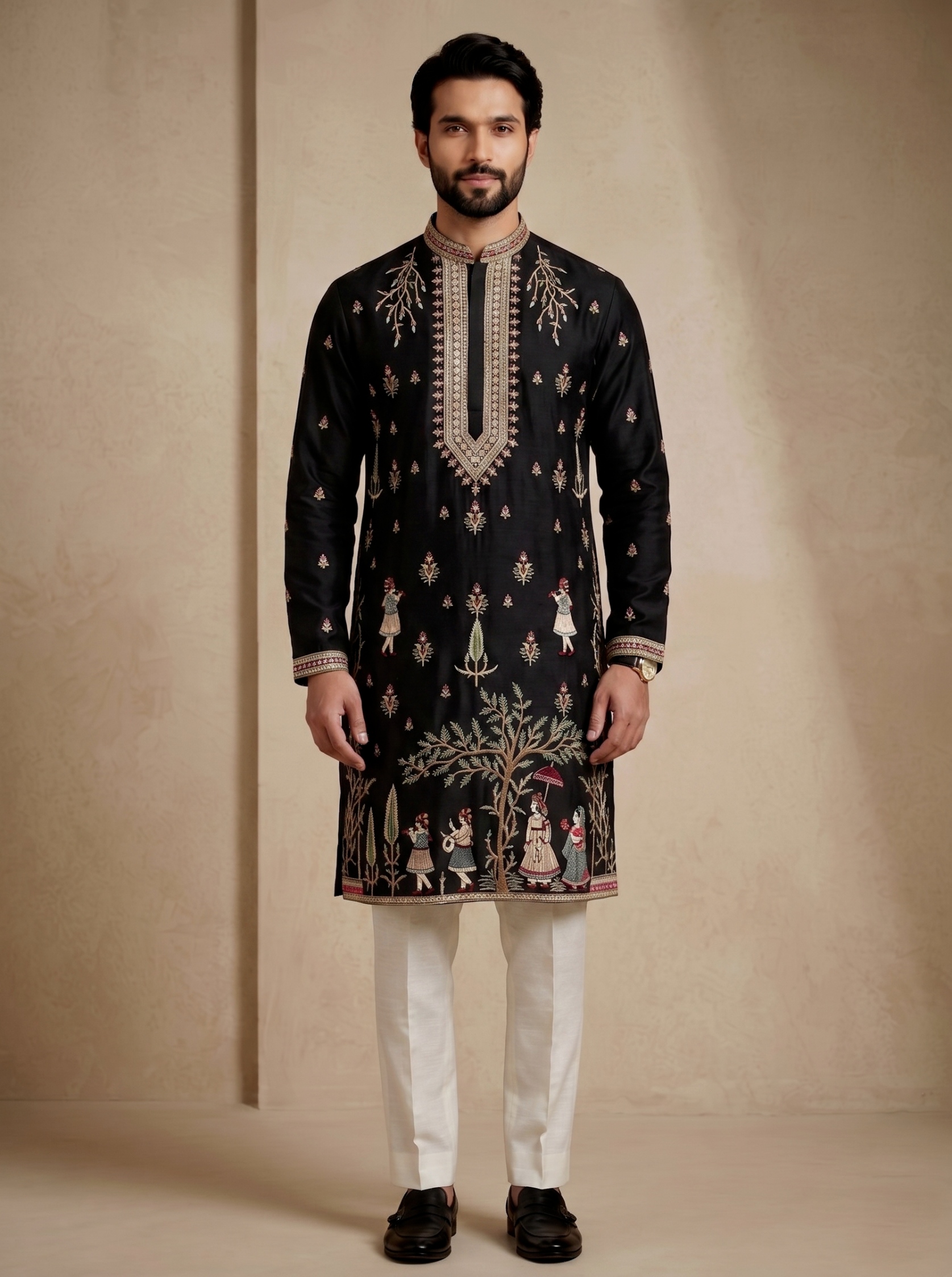 Black Offwhite Embroidered Greek Satin Kurta Trouser