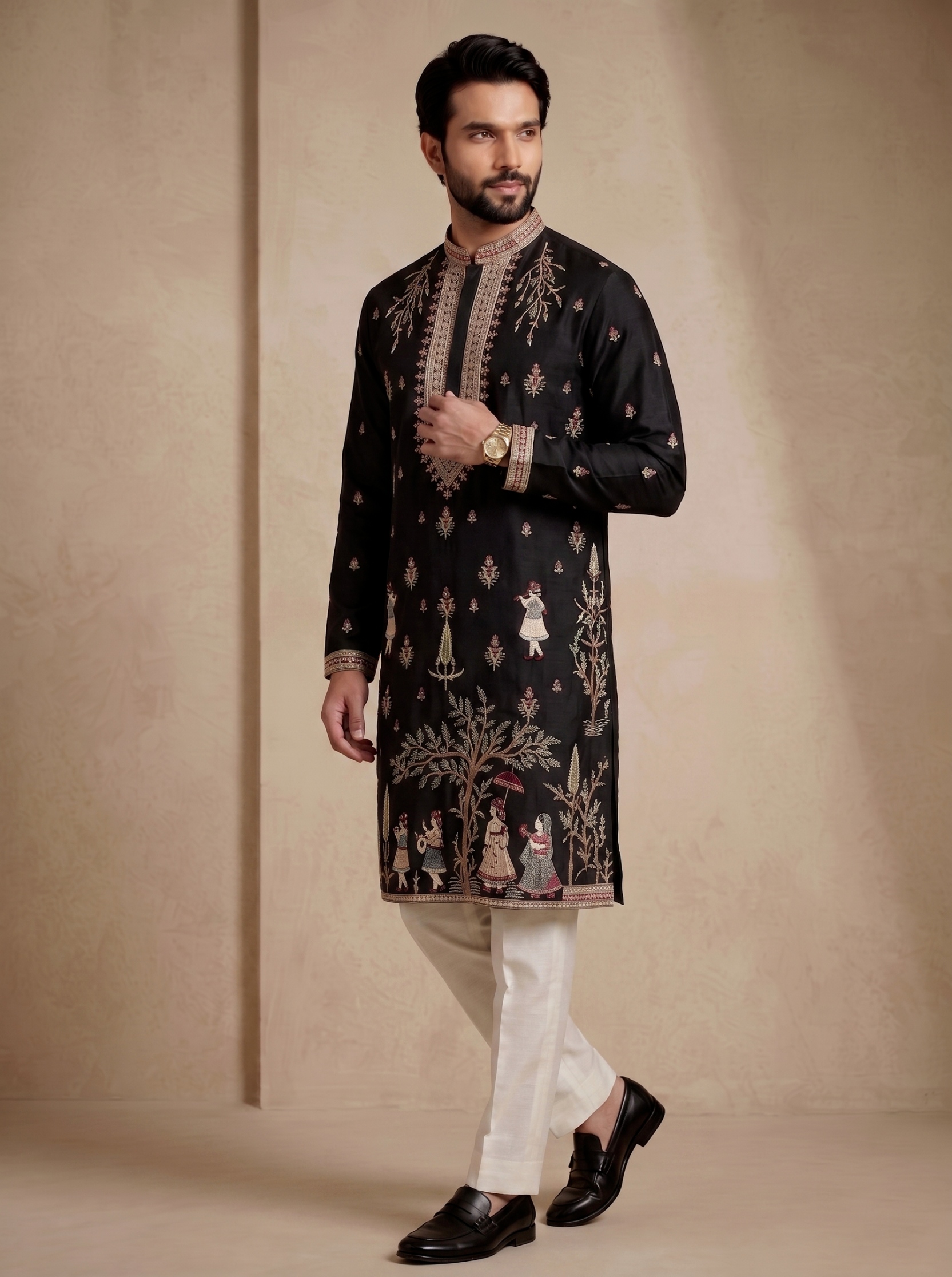 Black Offwhite Embroidered Greek Satin Kurta Trouser