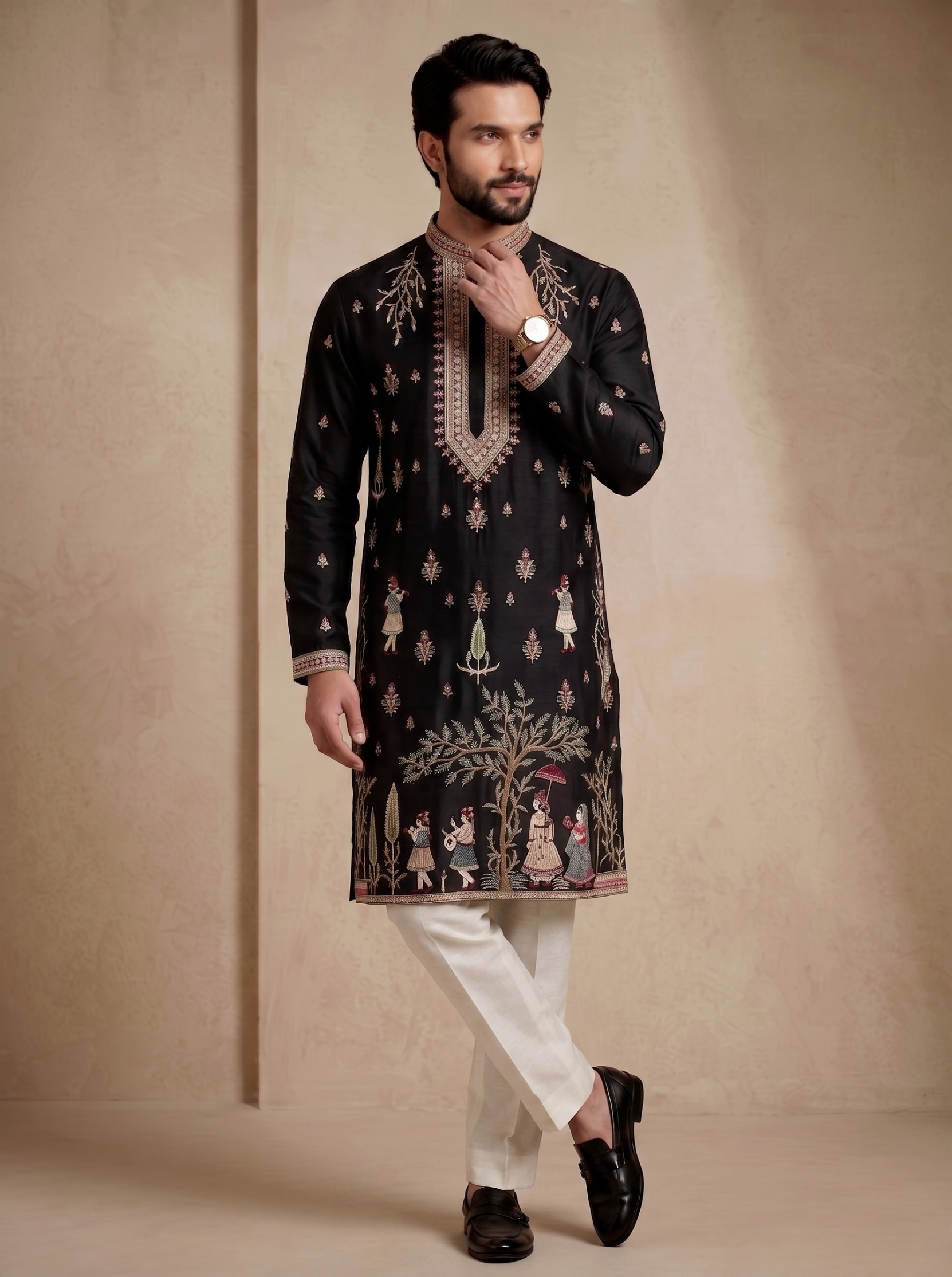 Black Offwhite Embroidered Greek Satin Kurta Trouser