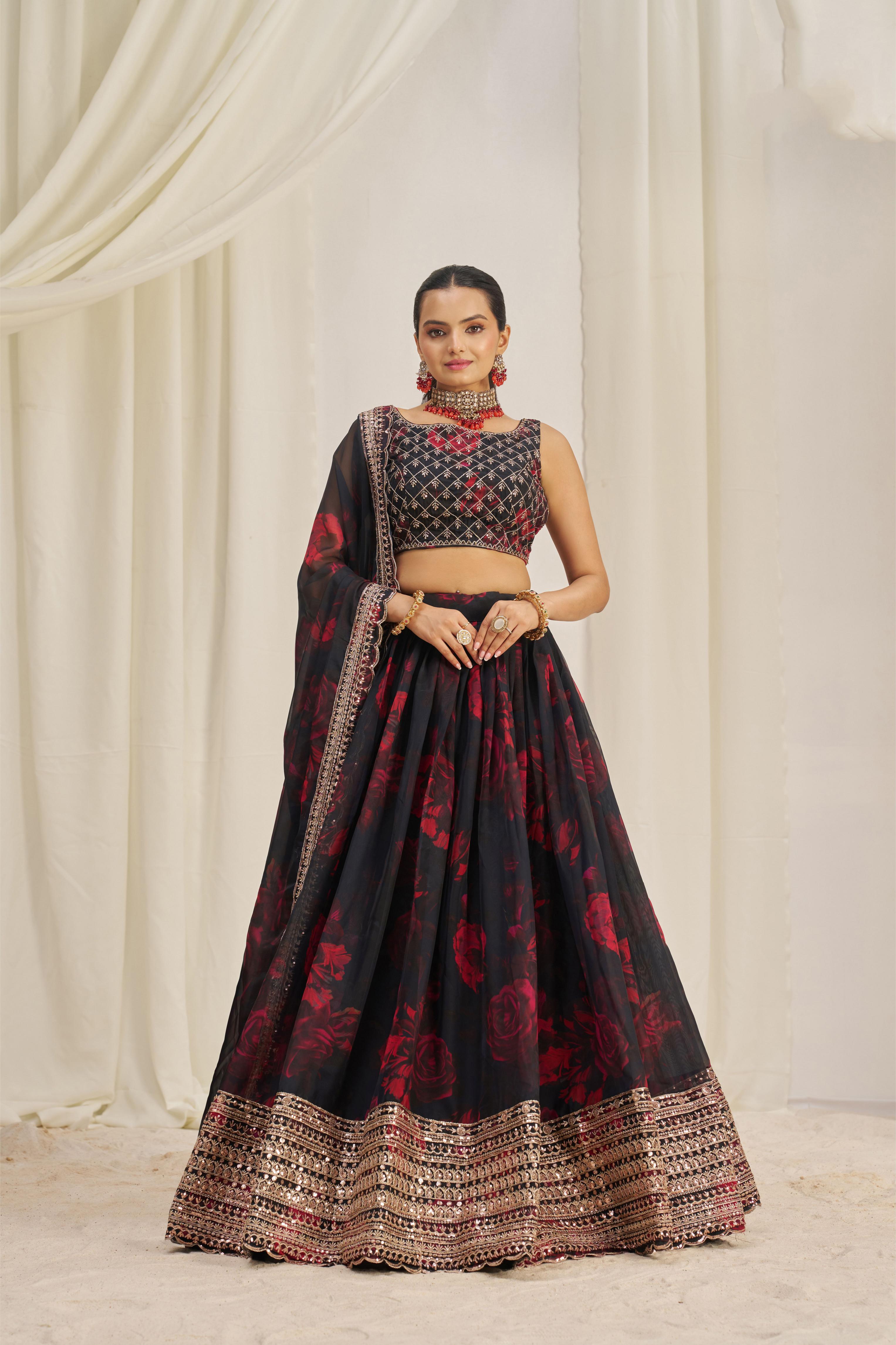 Black Organza Printed Lehenga