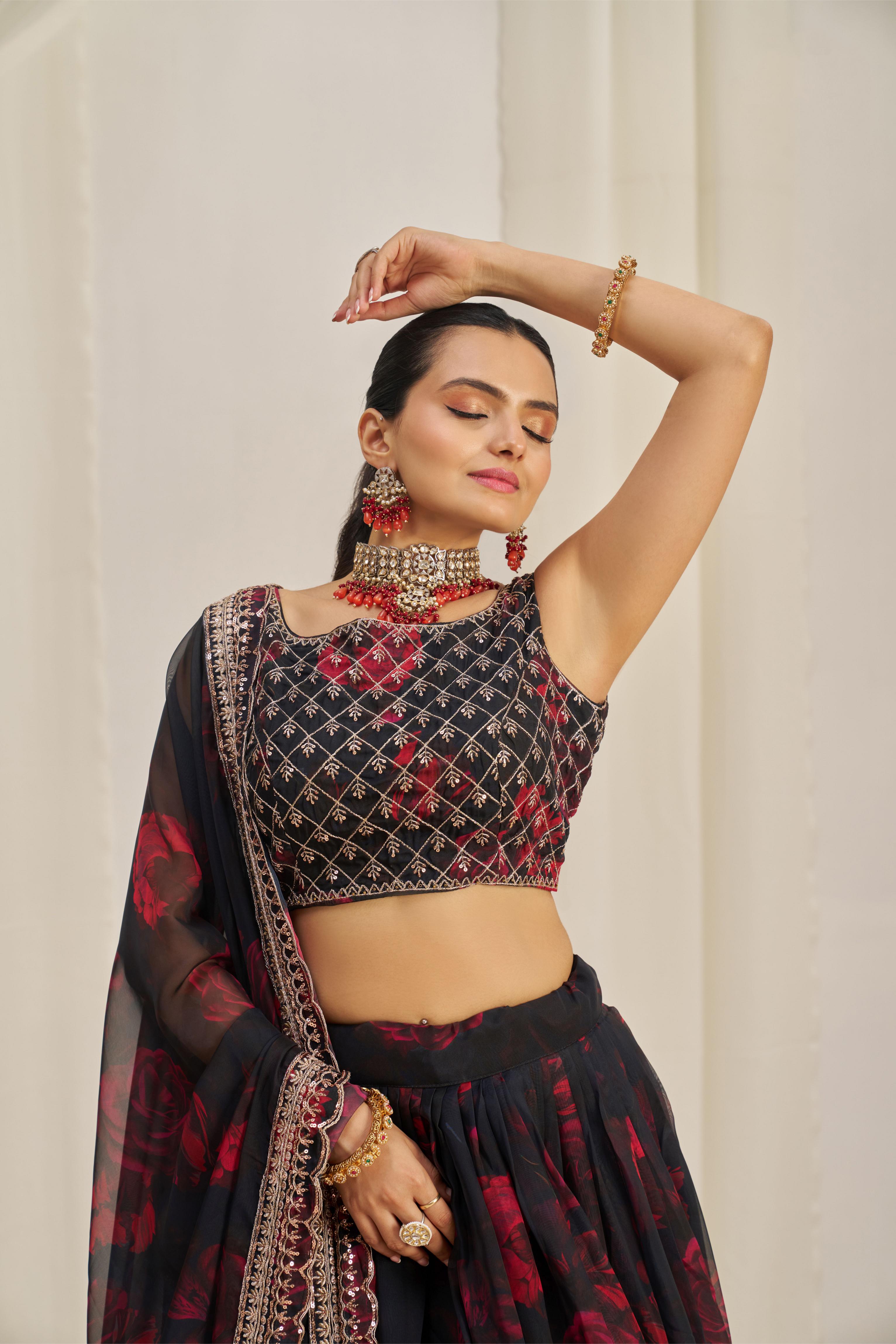Black Organza Printed Lehenga
