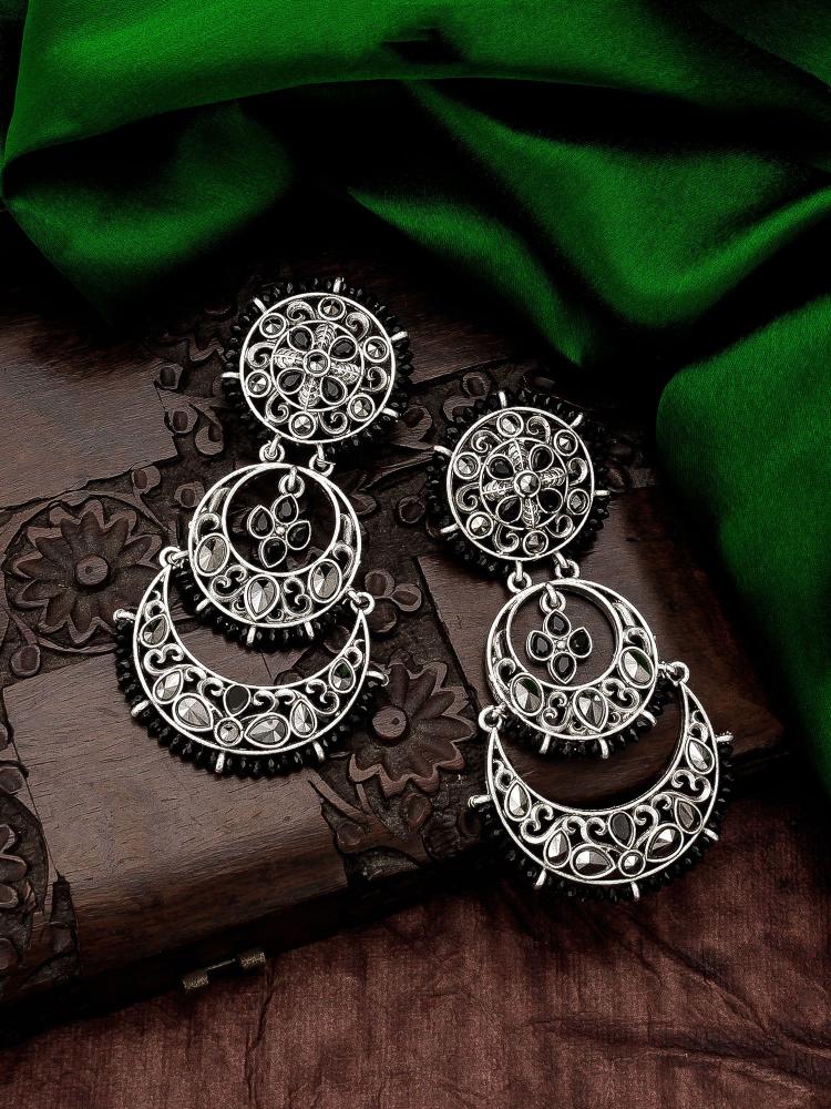 Black Oxidized Kundan Triple Crescent Chandbali Earrings