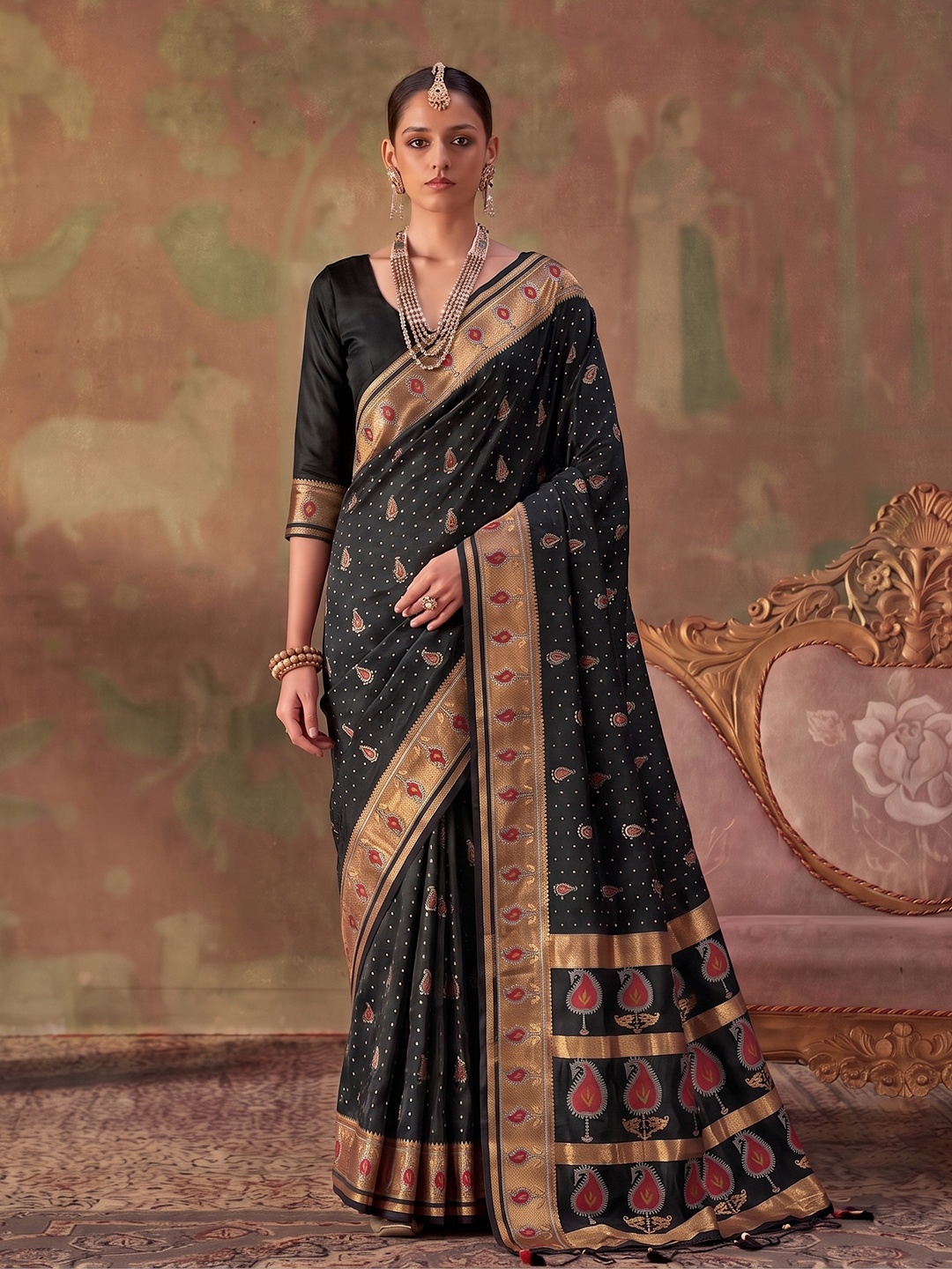 Black Paisley Woven Soft Silk Saree