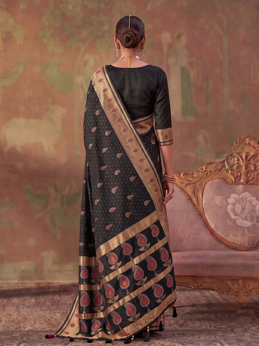 Black Paisley Woven Soft Silk Saree — alternate view