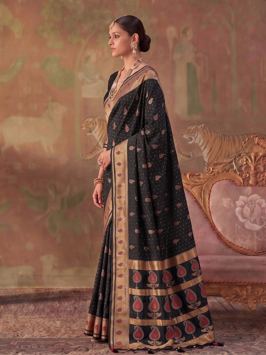 Black Paisley Woven Soft Silk Saree