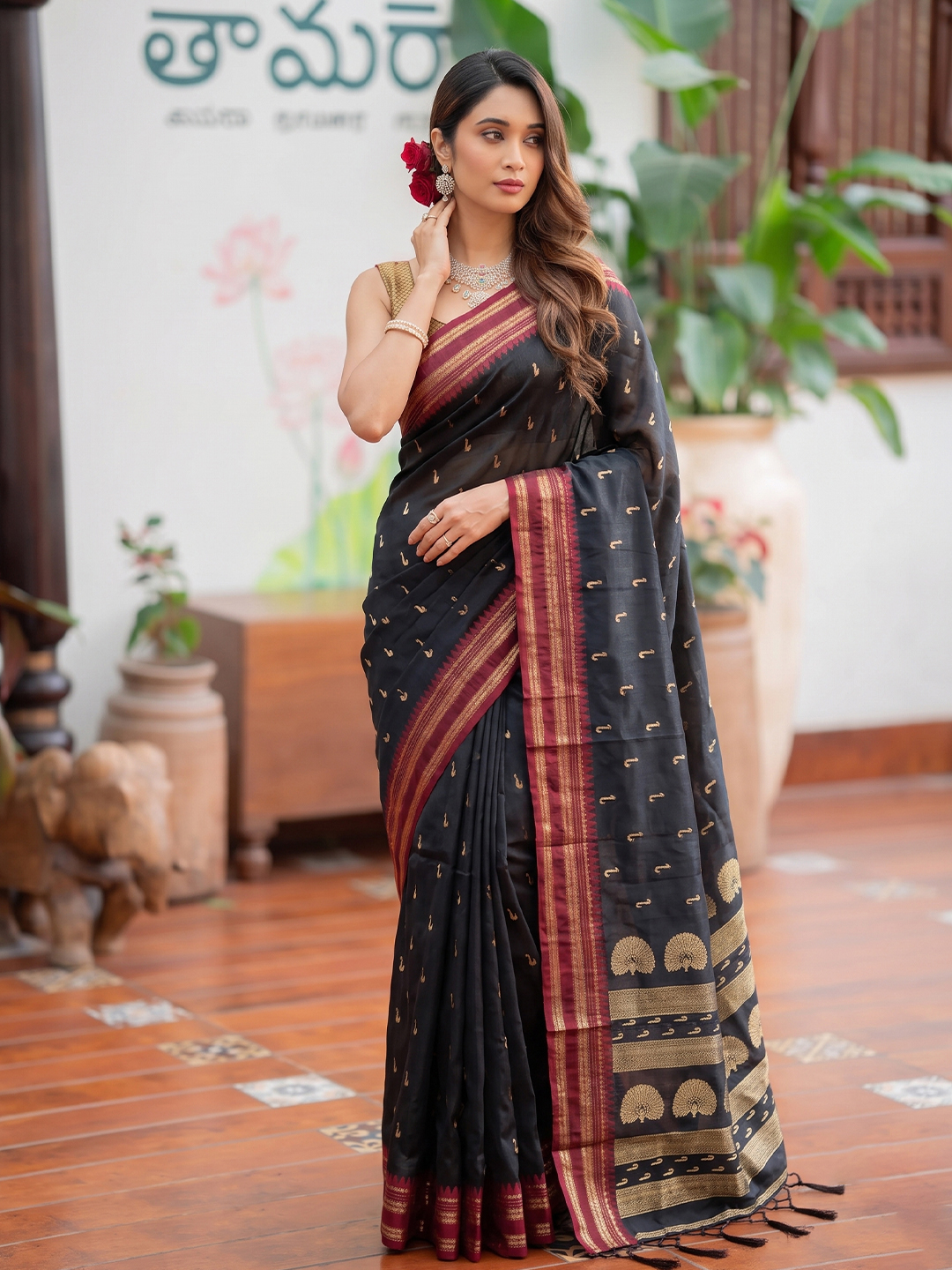 Black Paisley Woven Soft Silk Saree