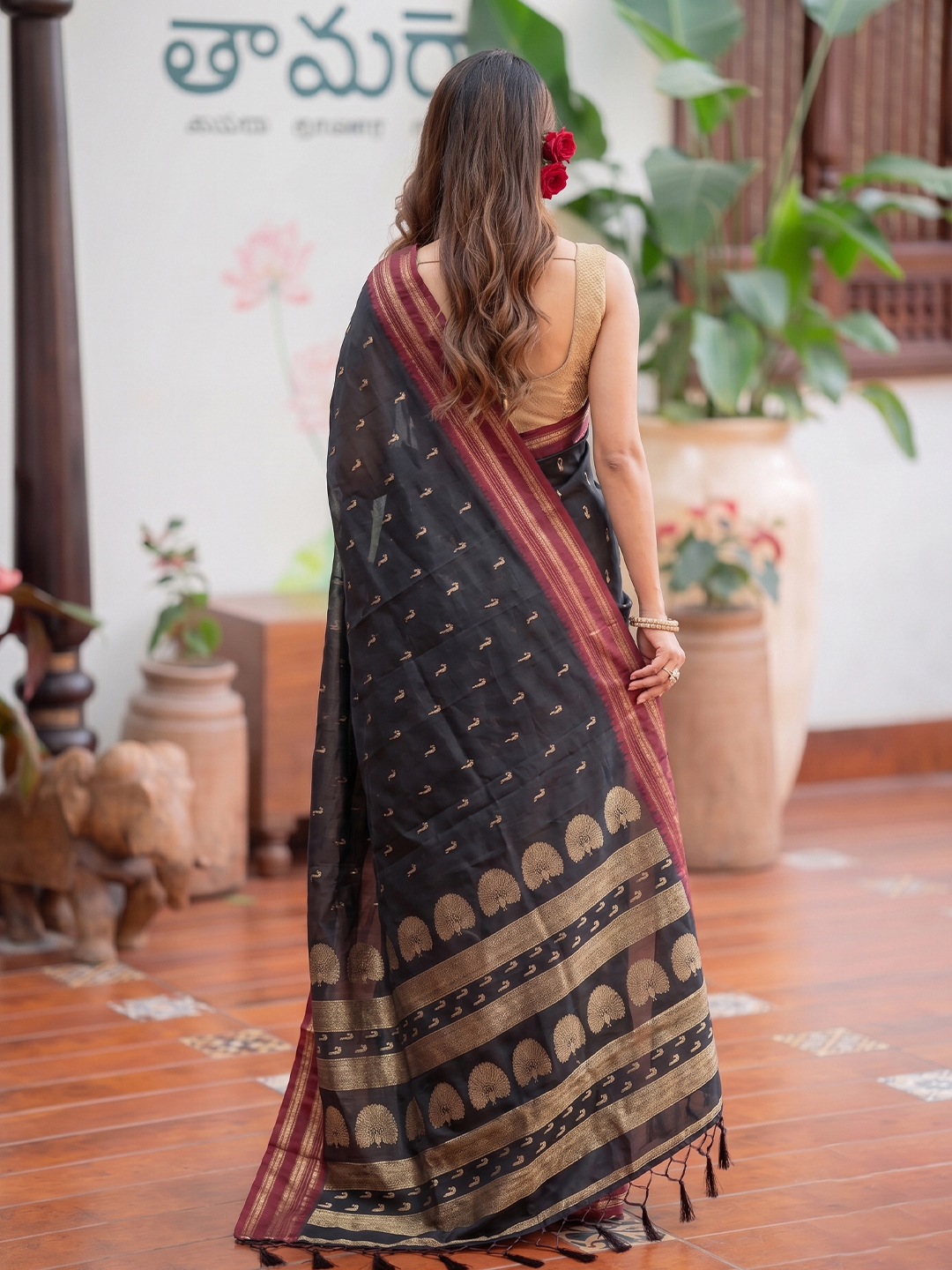Black Paisley Woven Soft Silk Saree — alternate view
