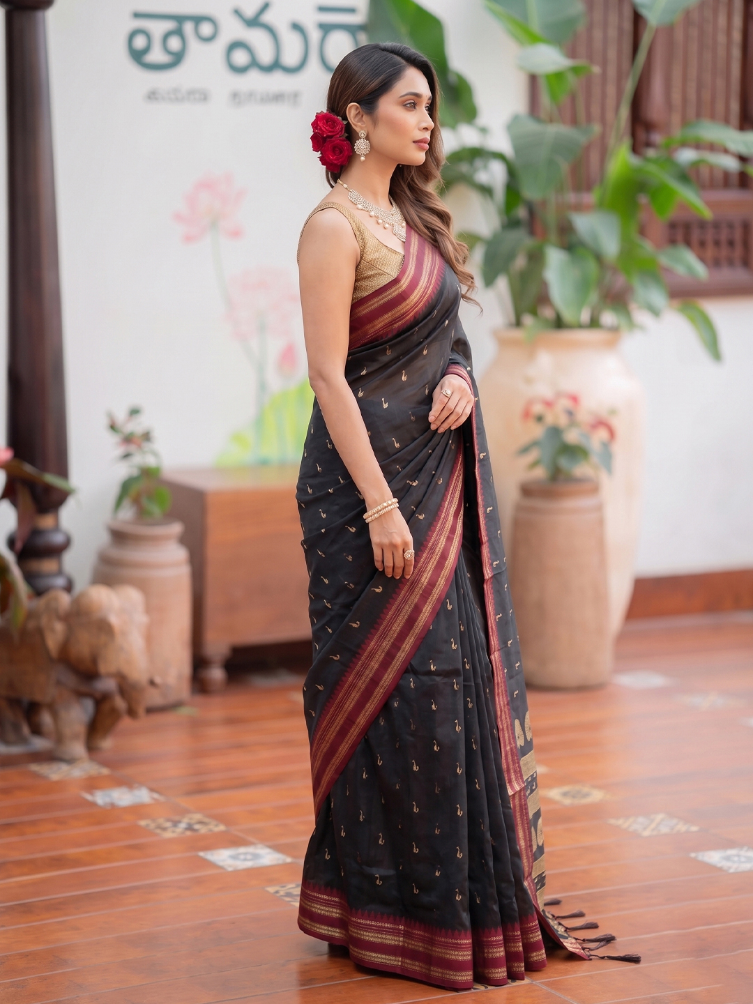 Black Paisley Woven Soft Silk Saree