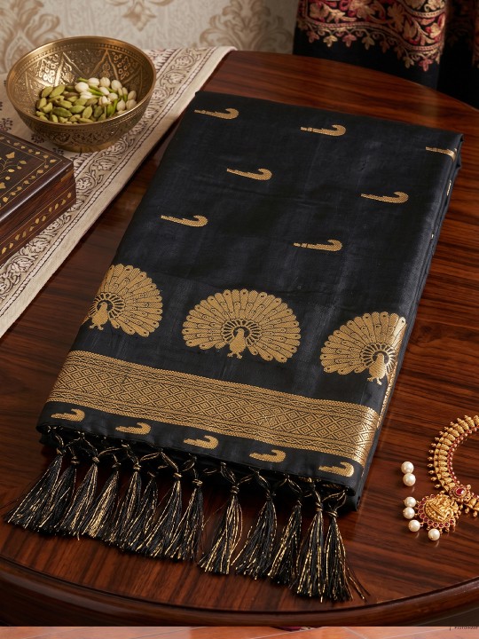 Black Paisley Woven Soft Silk Saree