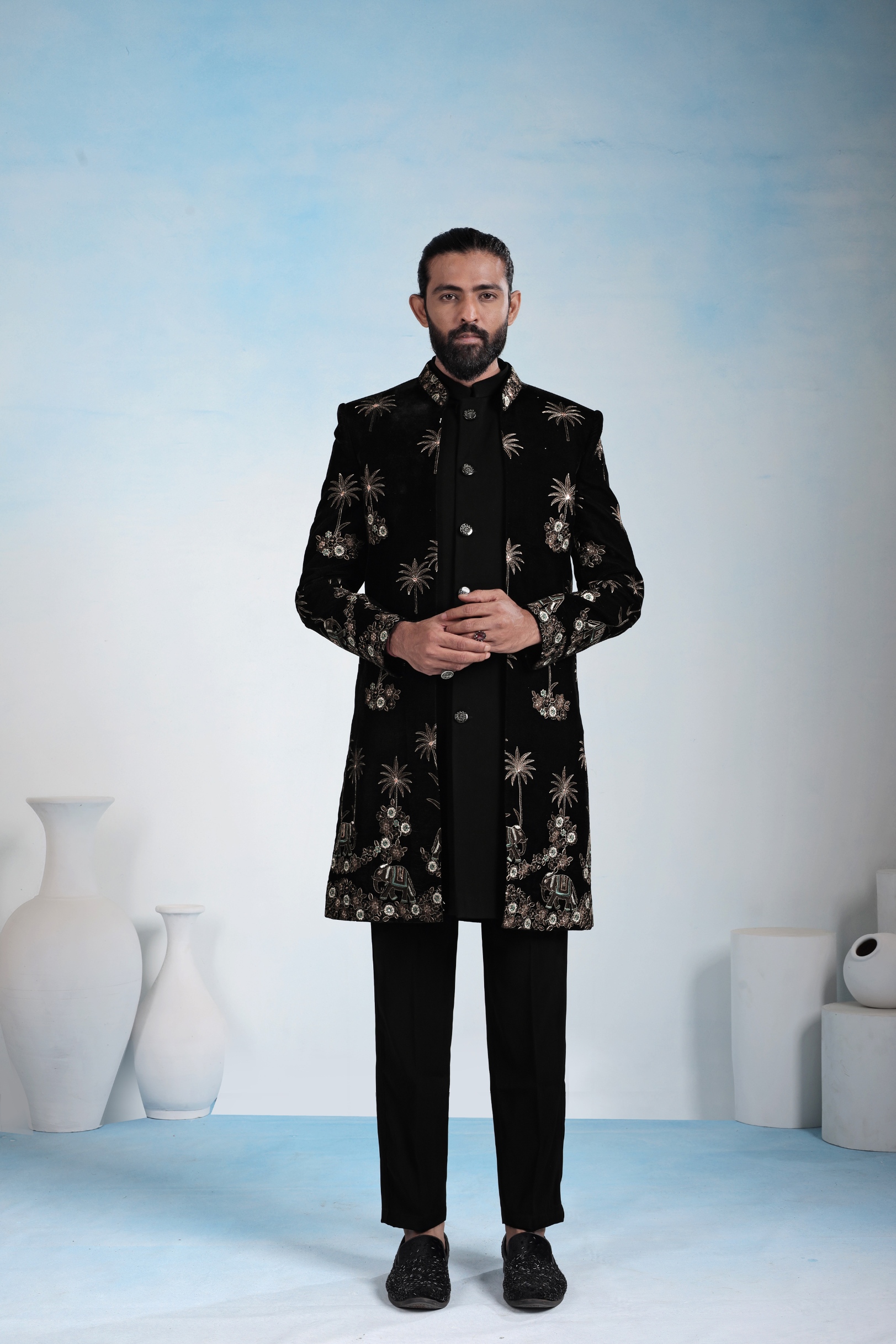 Black Palm Heritage Embroidery Velvet Indo-Western Sherwani