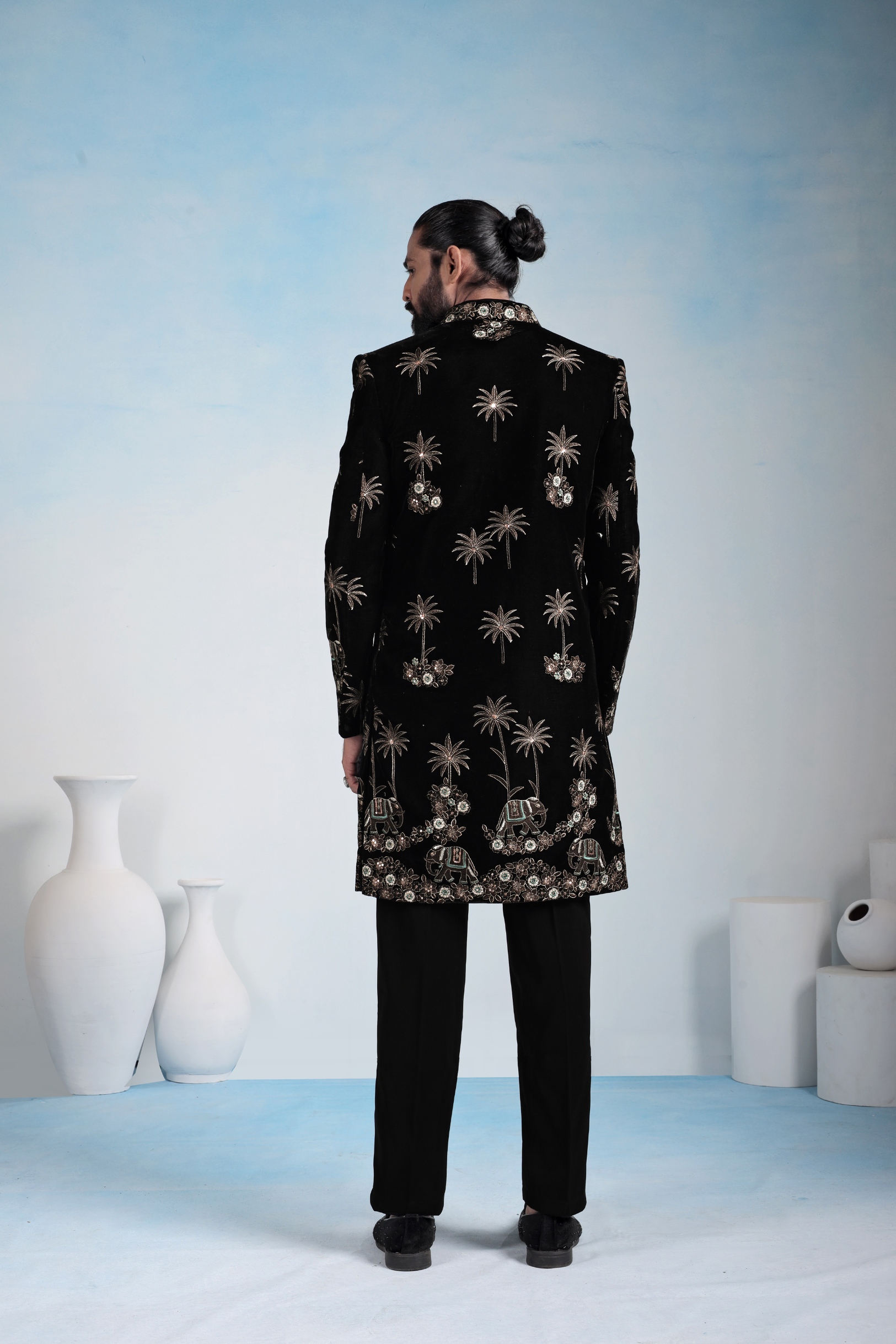 Black Palm Heritage Embroidery Velvet Indo-Western Sherwani — alternate view