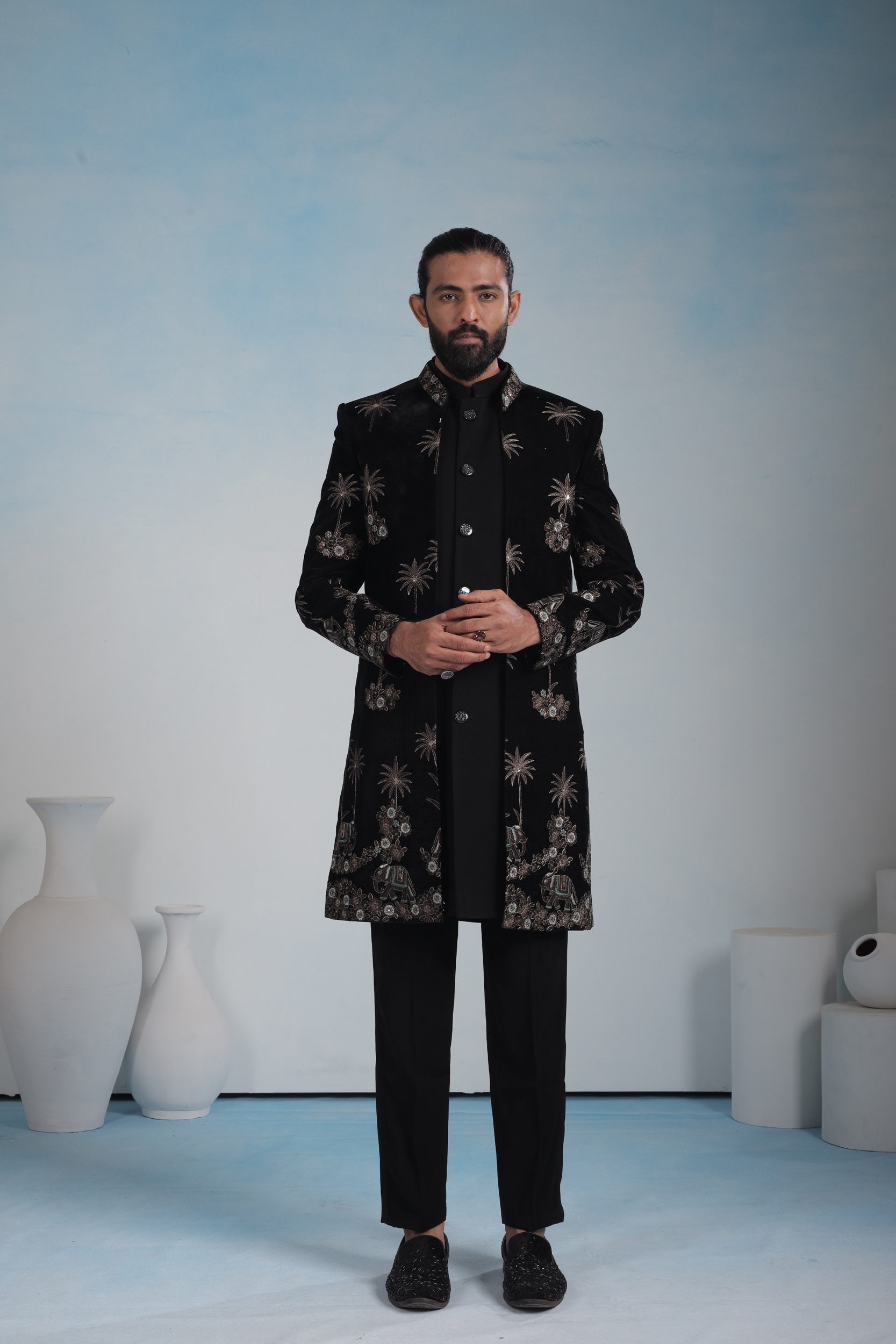 Black Palm Heritage Embroidery Velvet Indo-Western Sherwani