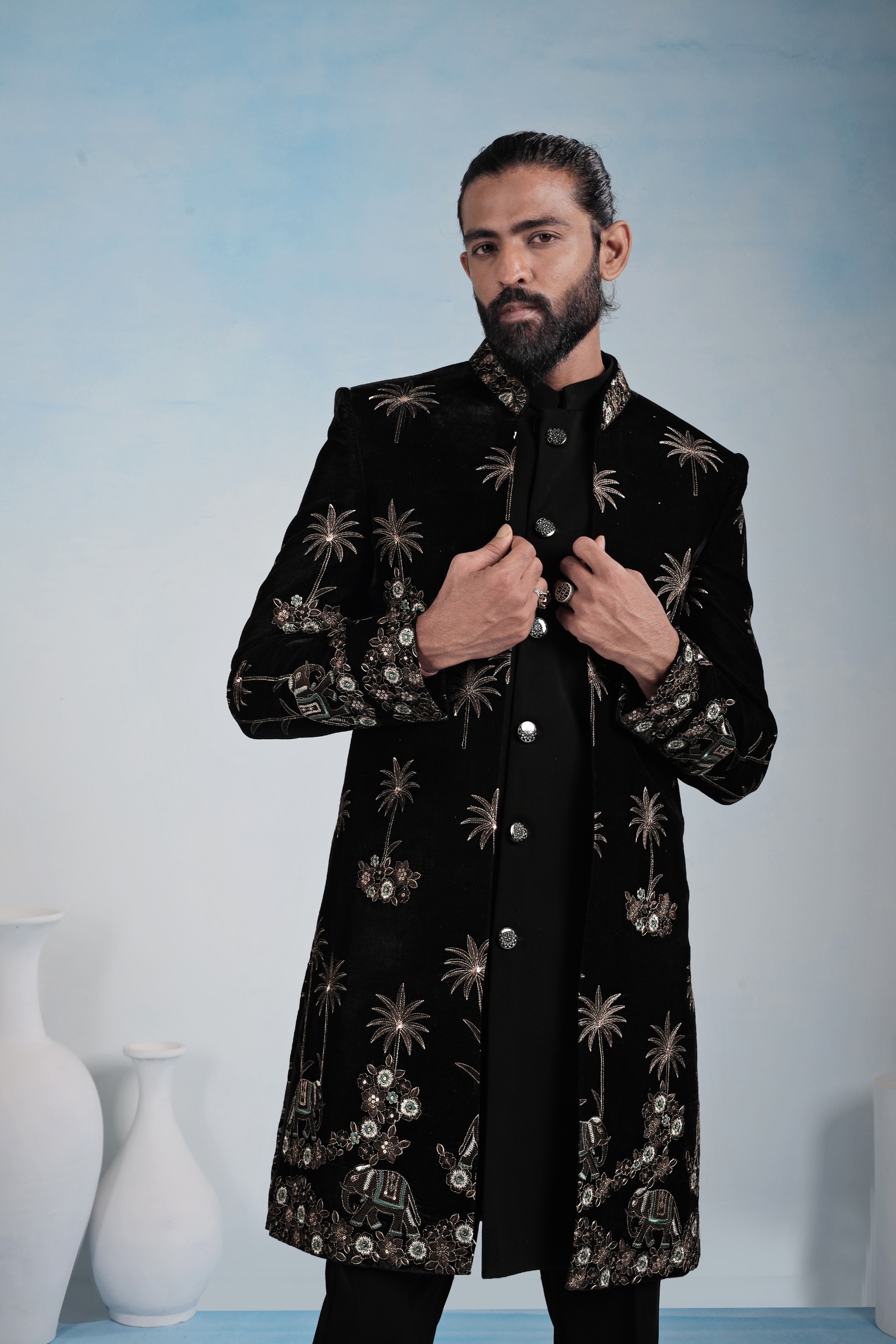 Black Palm Heritage Embroidery Velvet Indo-Western Sherwani