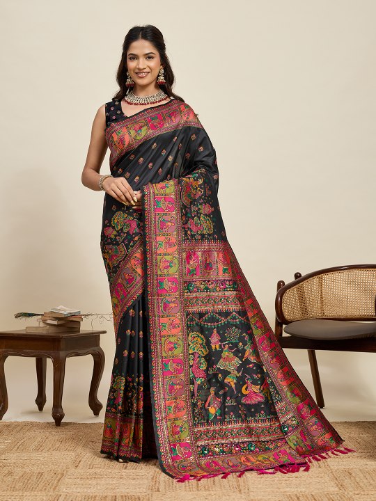 Black Pashmina Silk Meenakari Designer Saree