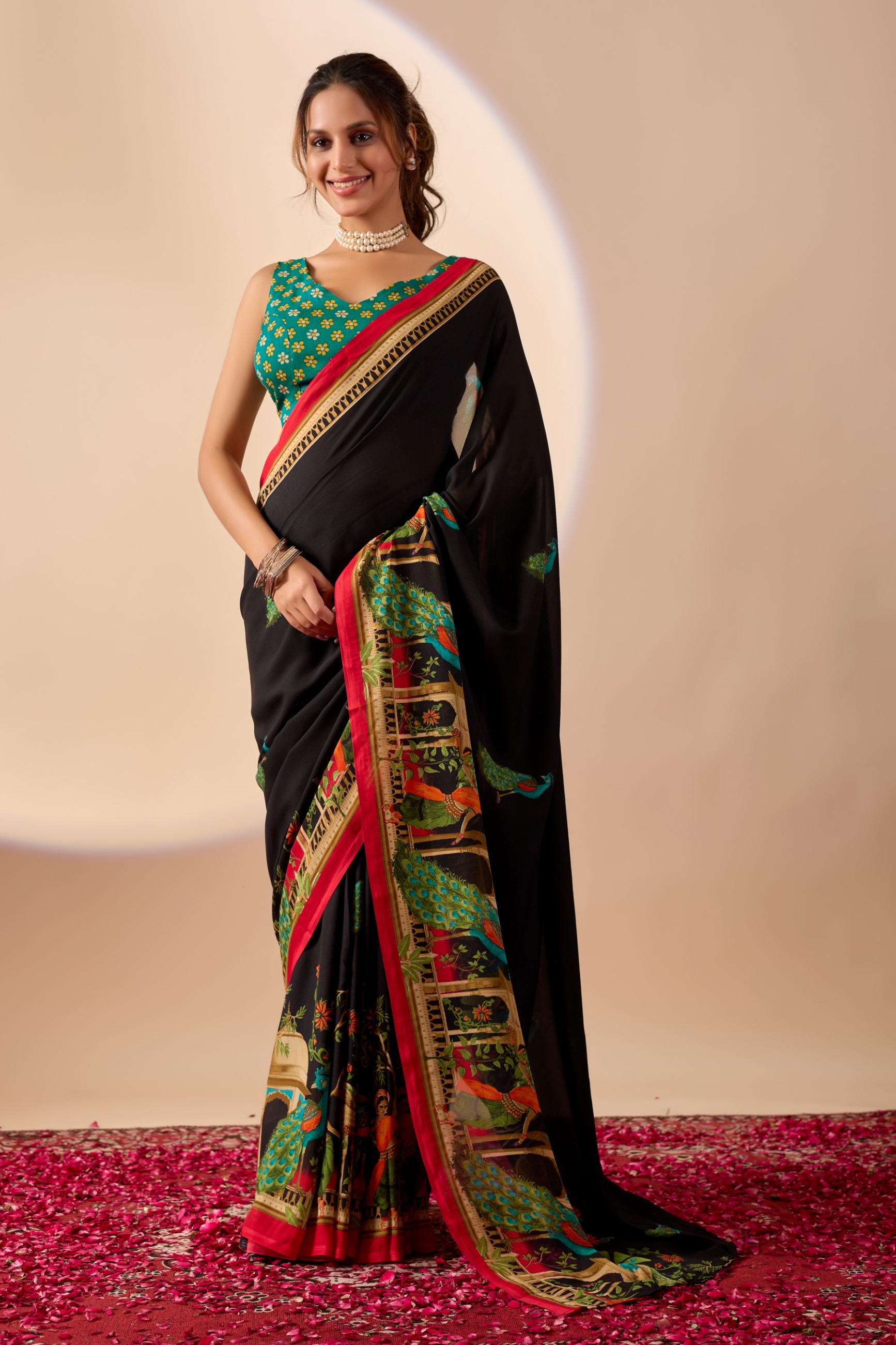 Black Peacock Printed Georgette Ready To Wear Saree