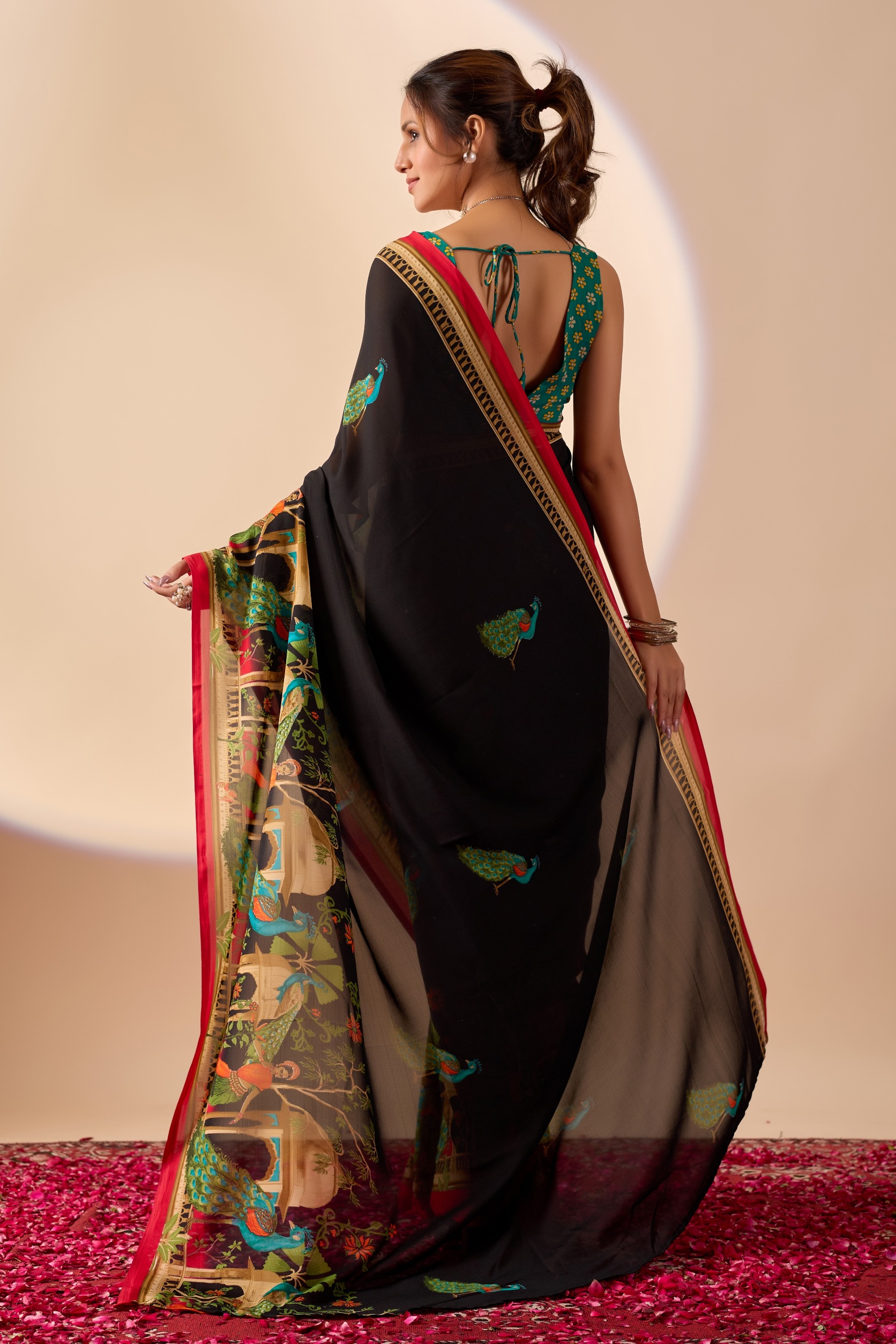 Black Peacock Printed Georgette Ready To Wear Saree — alternate view
