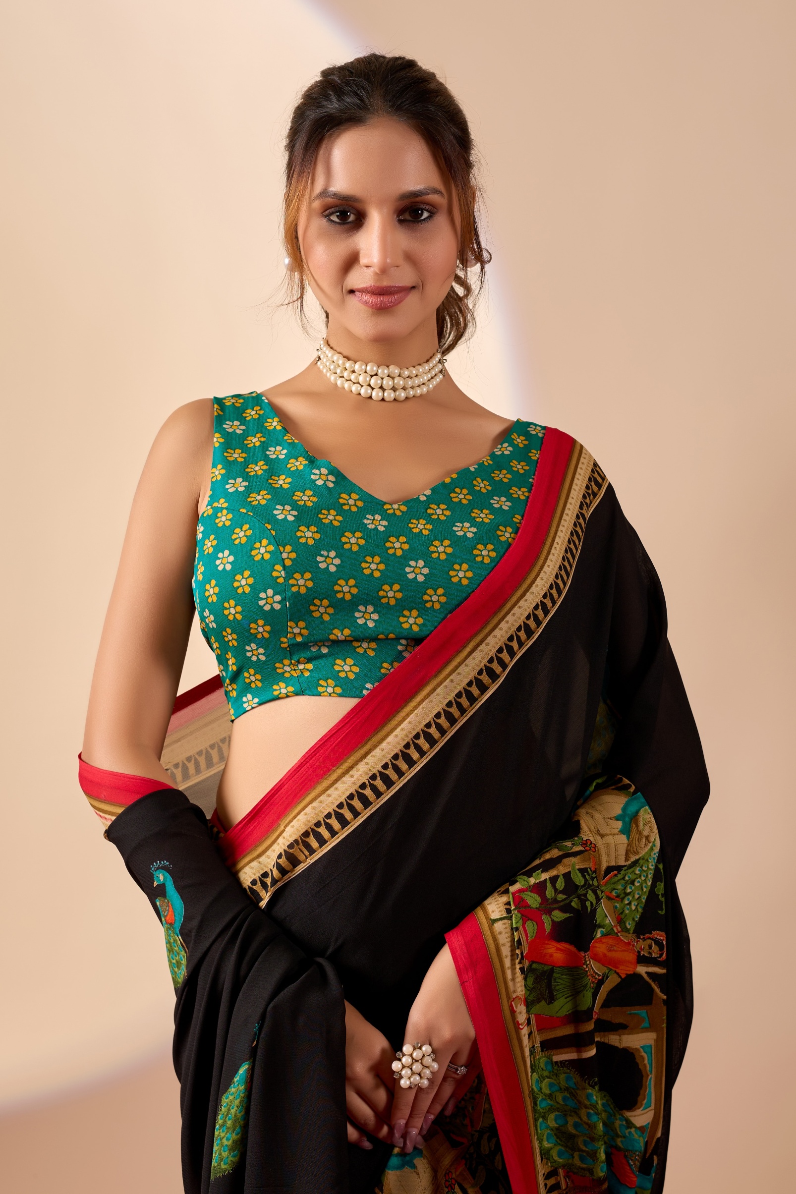 Black Peacock Printed Georgette Ready To Wear Saree