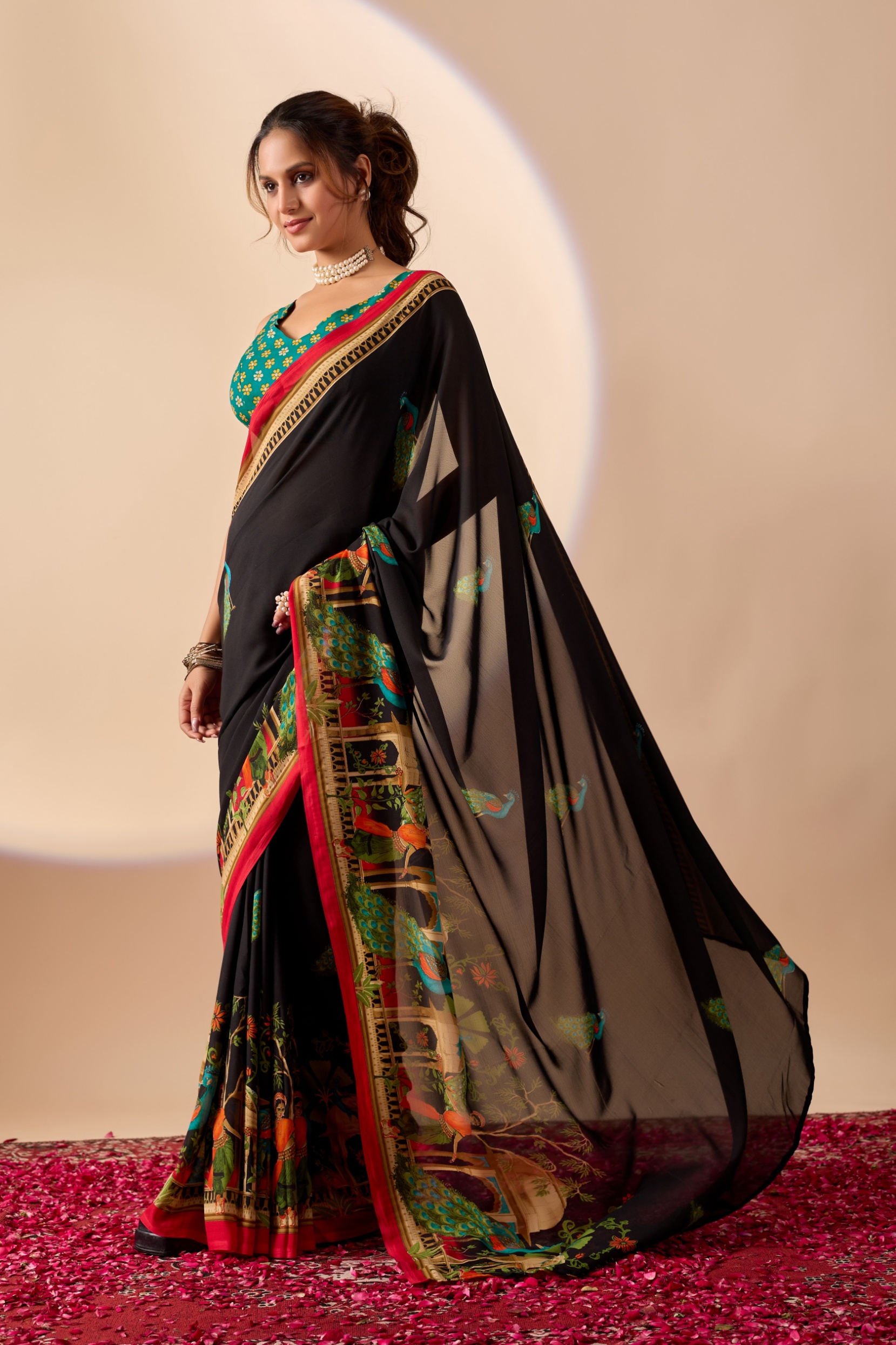 Black Peacock Printed Georgette Ready To Wear Saree