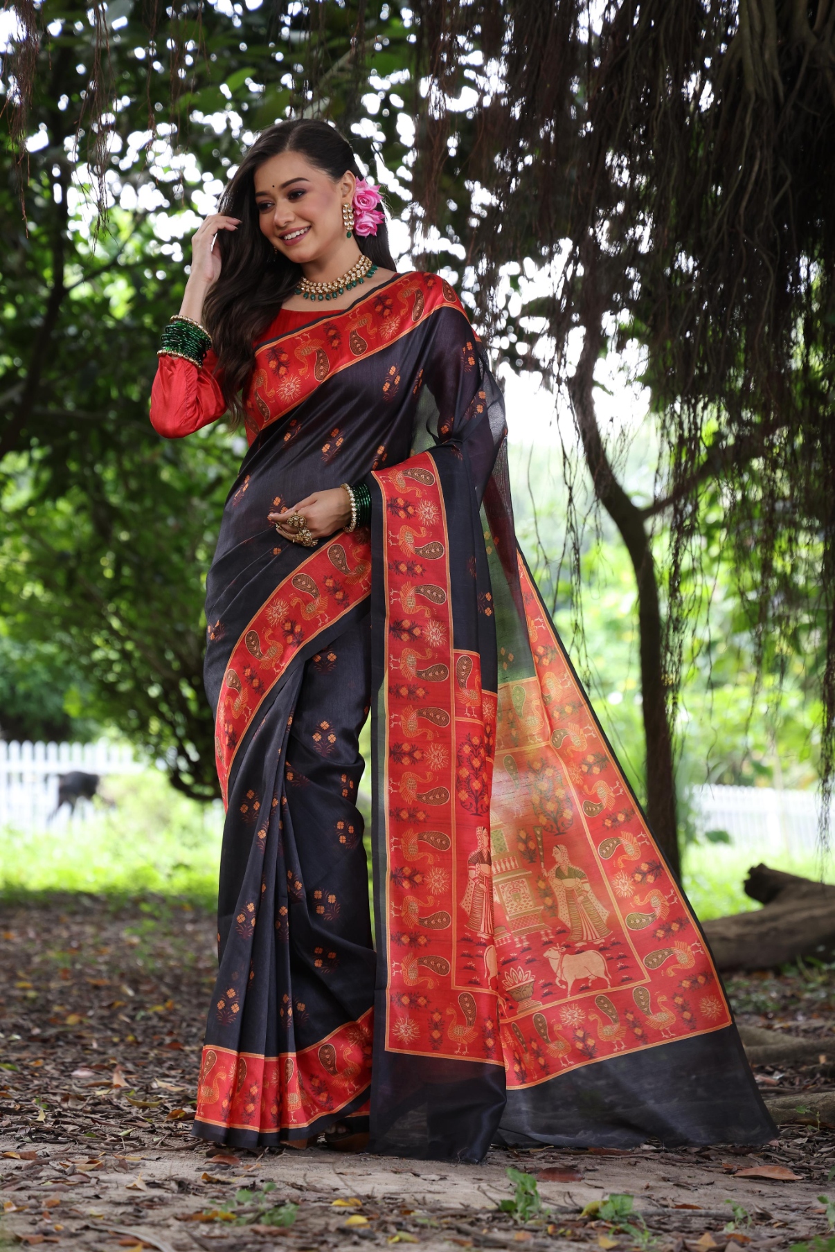 Black Peacock Printed Tussar Silk Saree