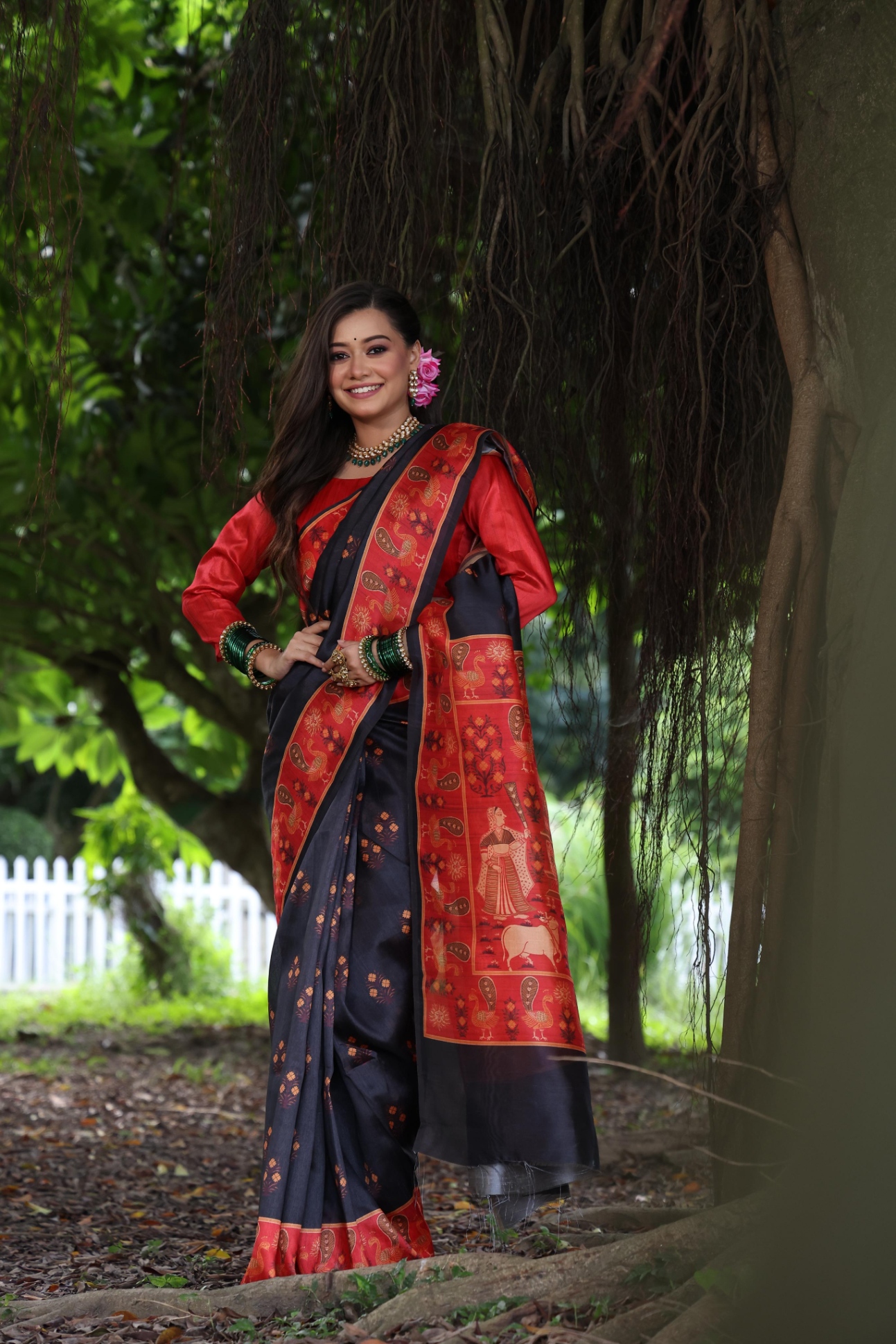 Black Peacock Printed Tussar Silk Saree — alternate view