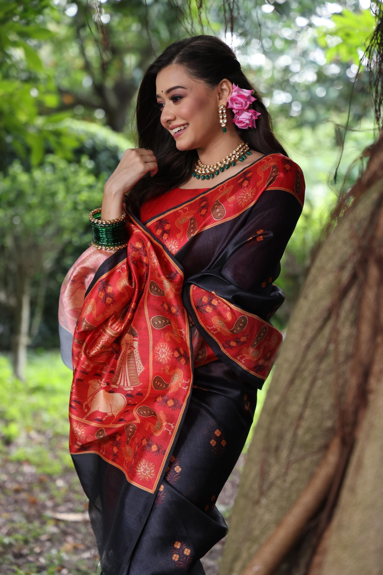 Black Peacock Printed Tussar Silk Saree