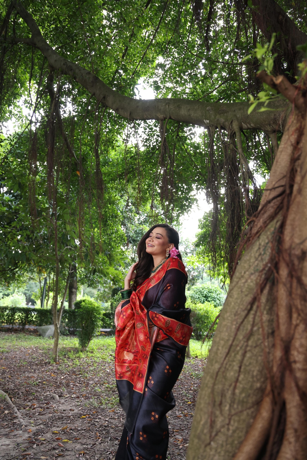 Black Peacock Printed Tussar Silk Saree