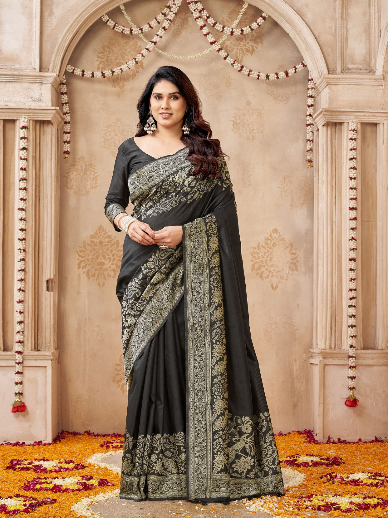 Black Peacock Woven Handloom Raw Silk Saree
