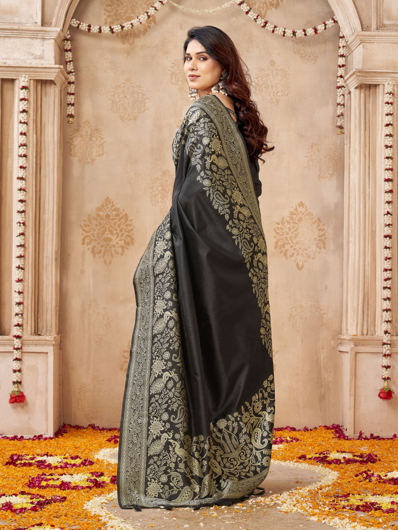 Black Peacock Woven Handloom Raw Silk Saree — alternate view