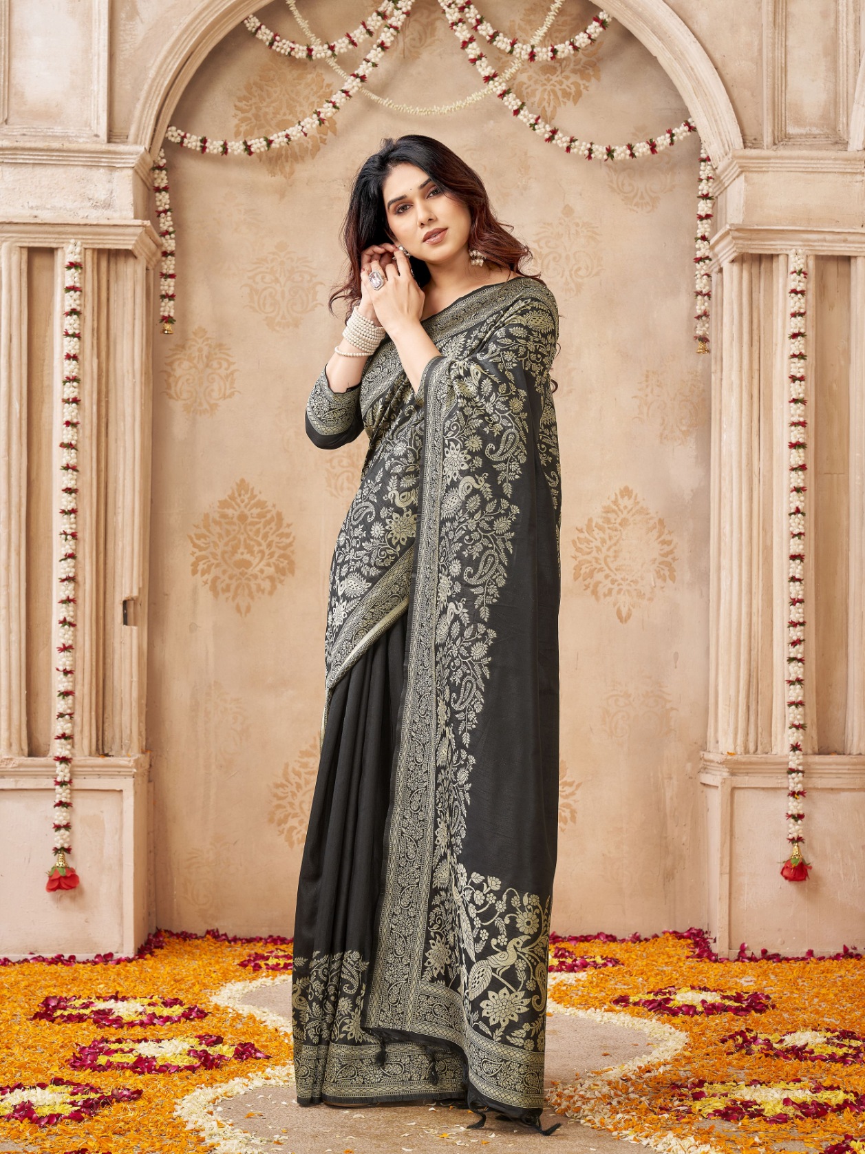 Black Peacock Woven Handloom Raw Silk Saree