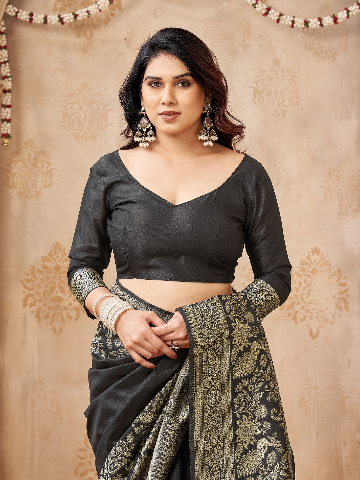 Black Peacock Woven Handloom Raw Silk Saree