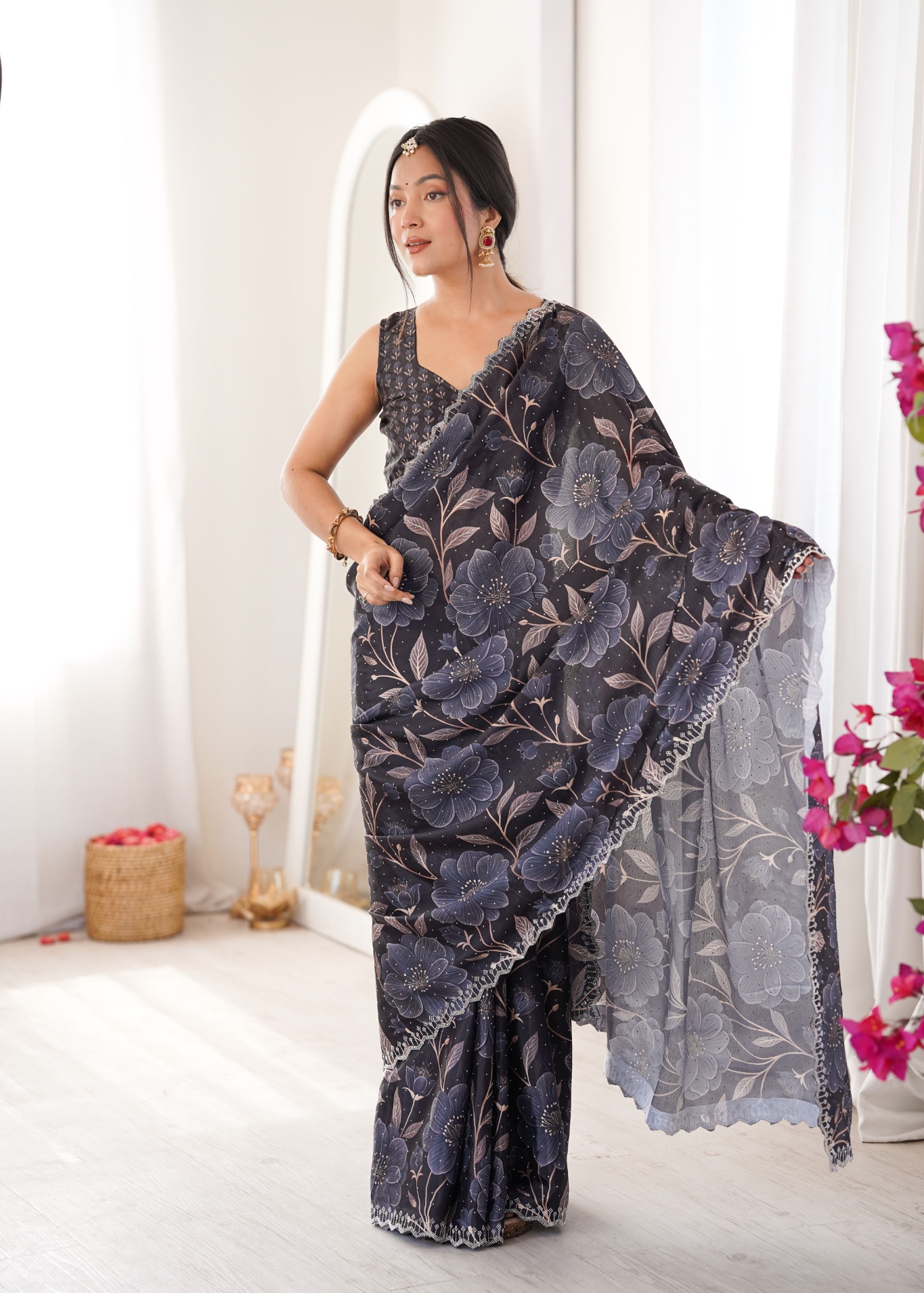 Black Petal Digital Printed Chinon Saree