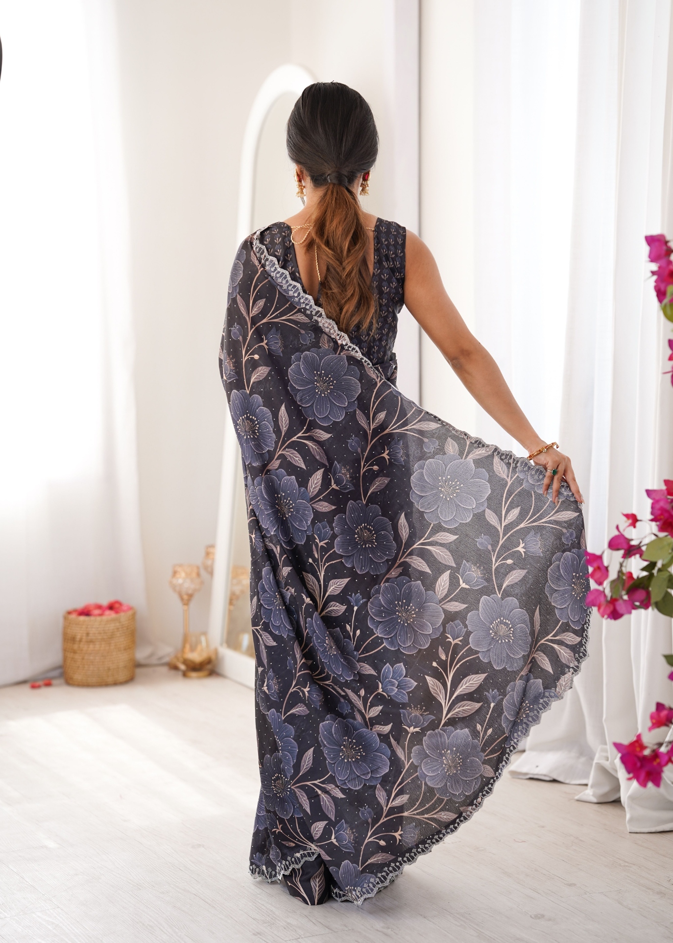 Black Petal Digital Printed Chinon Saree — alternate view