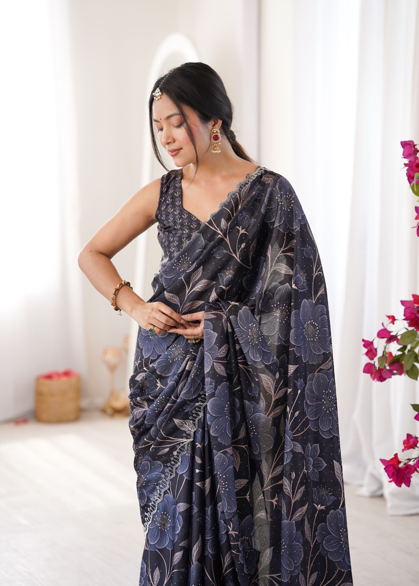 Black Petal Digital Printed Chinon Saree