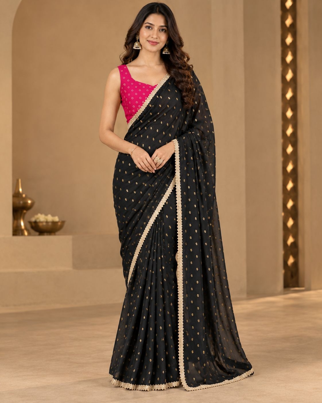 Black Pink Designer Printed Georgette Ready To Wear Saree