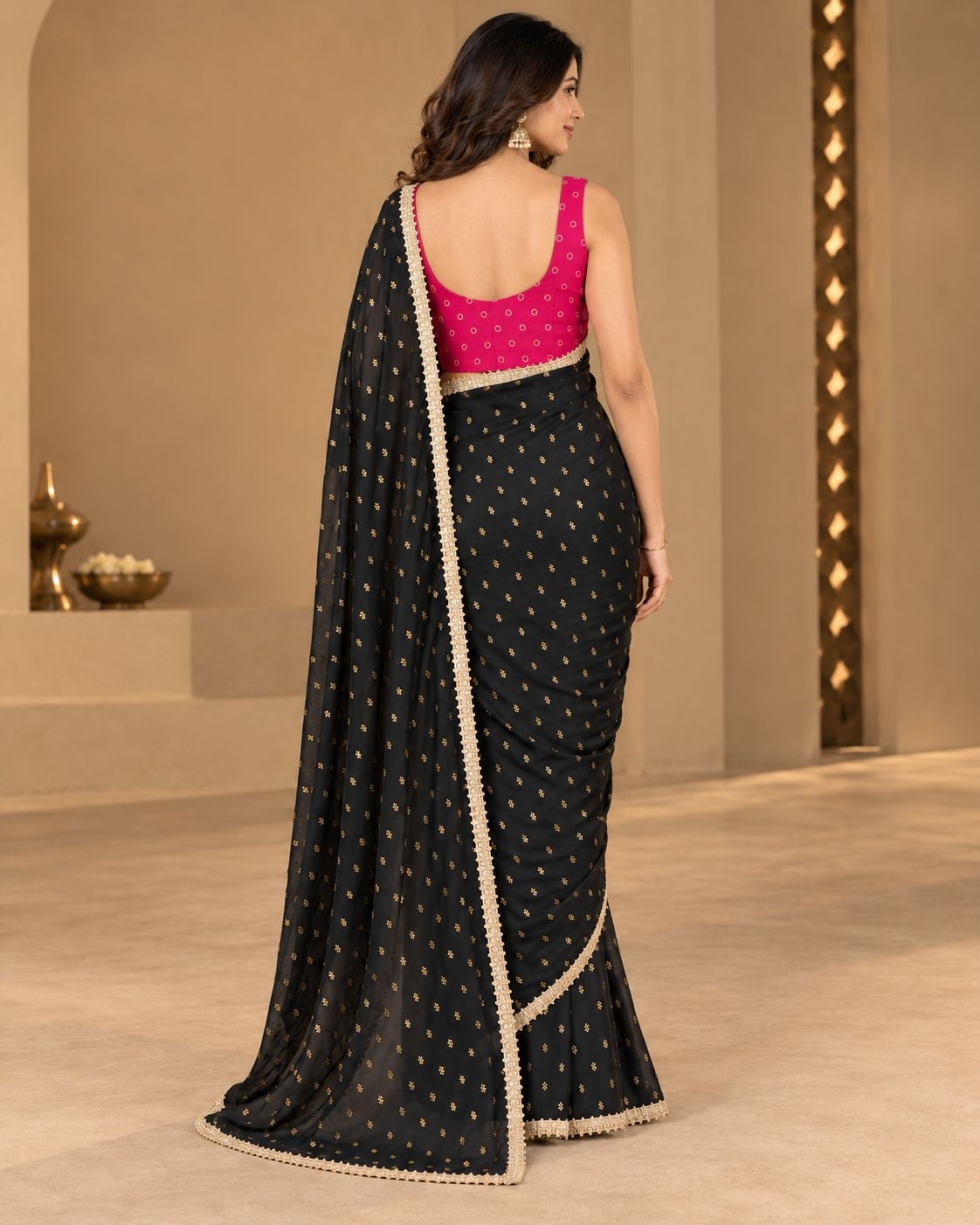 Black Pink Designer Printed Georgette Ready To Wear Saree — alternate view