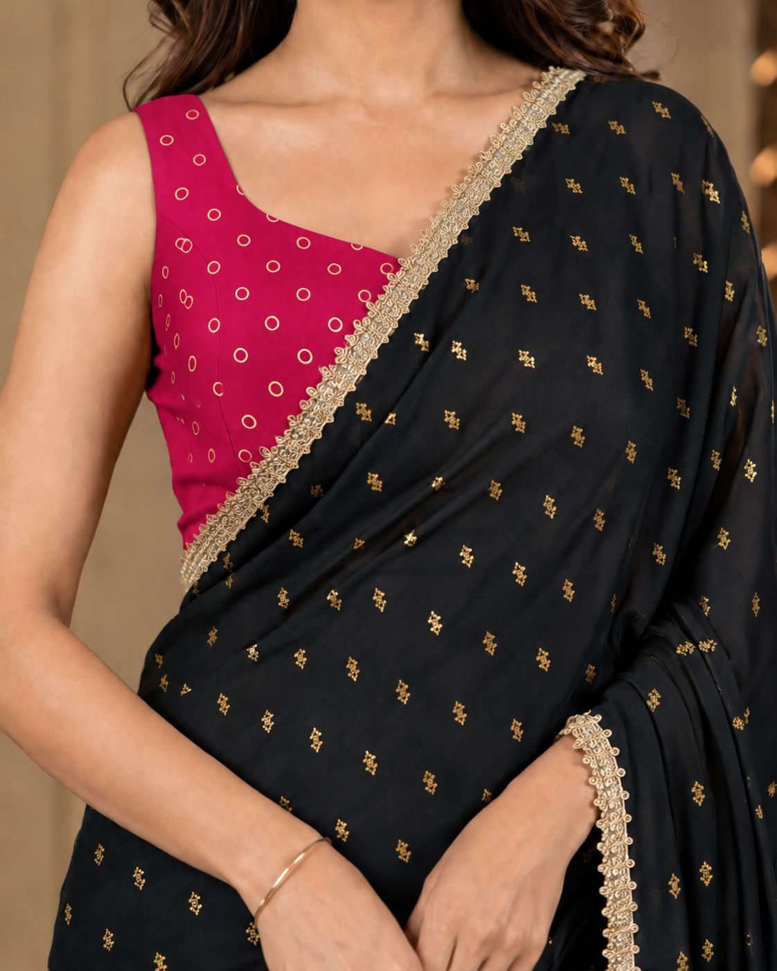 Black Pink Designer Printed Georgette Ready To Wear Saree