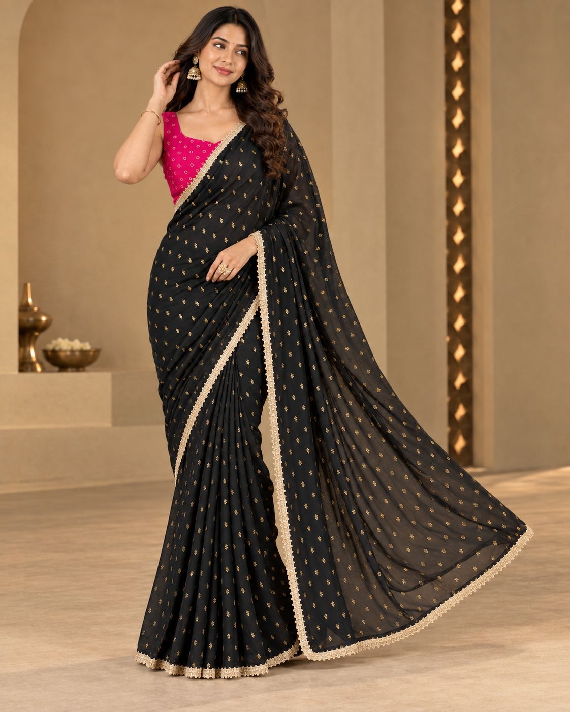 Black Pink Designer Printed Georgette Ready To Wear Saree