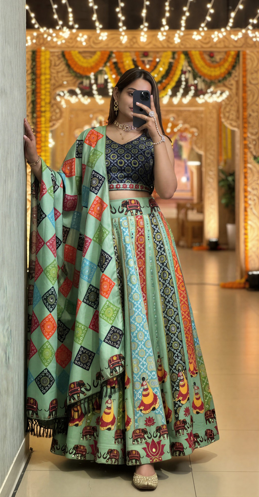 Black Pista Designer Printed Cotton Rayon Lehenga Choli