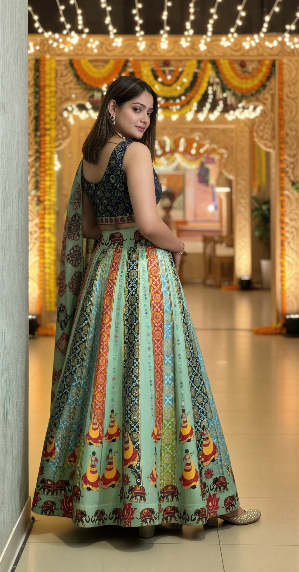 Black Pista Designer Printed Cotton Rayon Lehenga Choli — alternate view